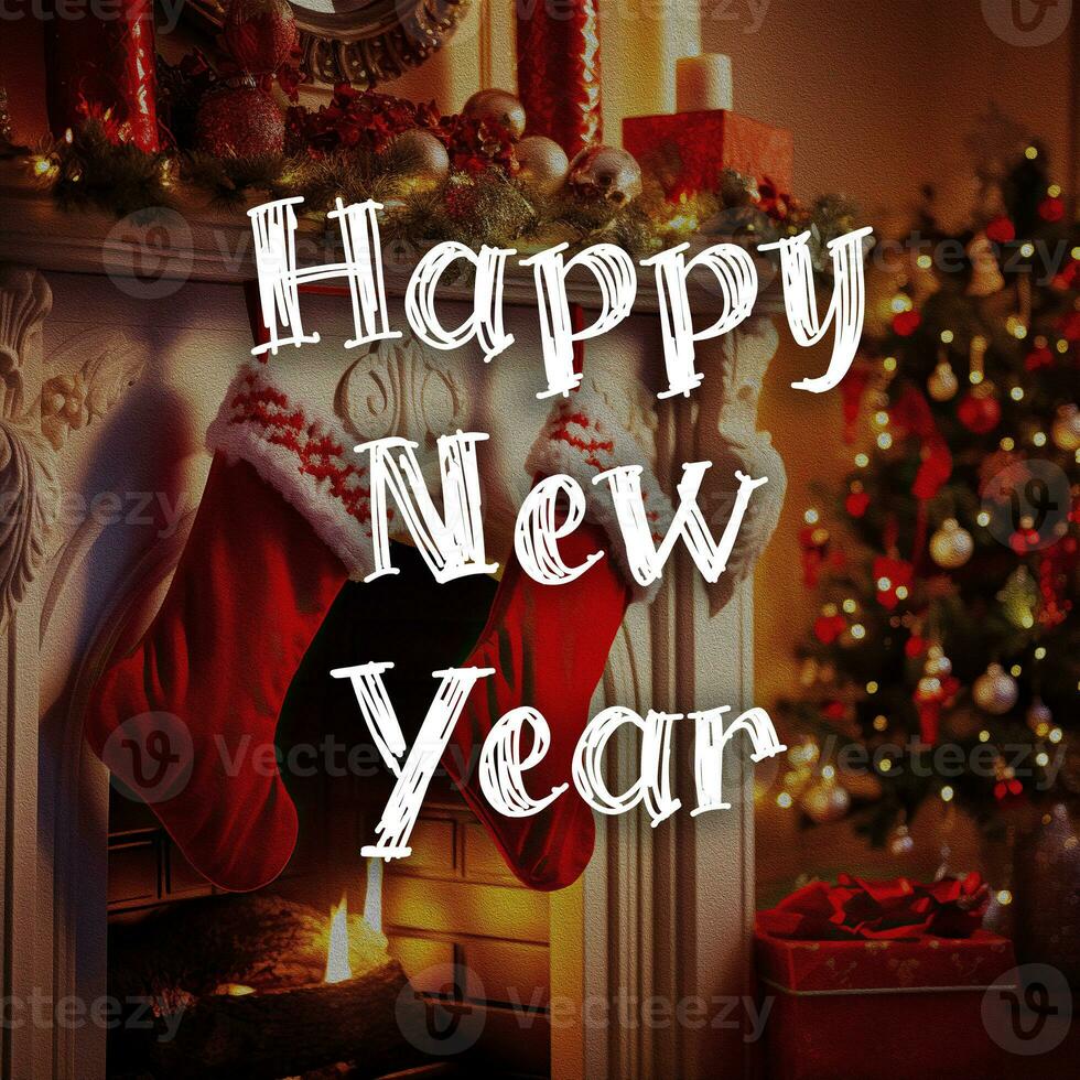 Happy New Year card. Red Christmas socks on a white fireplace. Elegant Christmas tree and gifts. AI-Generated photo