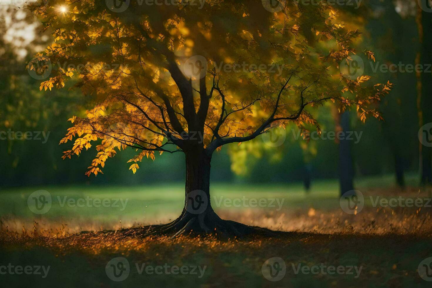 a tree in the middle of a field with the sun shining through it. AI-Generated photo