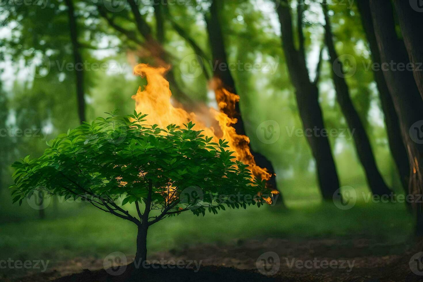 a small tree with flames coming out of it. AI-Generated photo