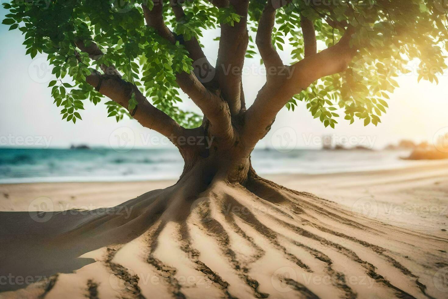 a tree with sand on the beach. AI-Generated photo