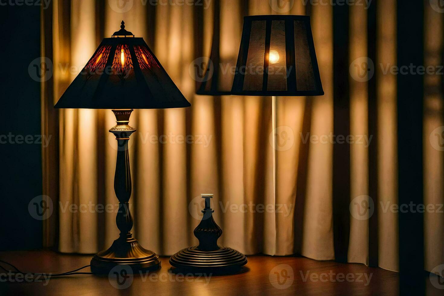 two lamps on a table in front of a curtain. AI-Generated photo