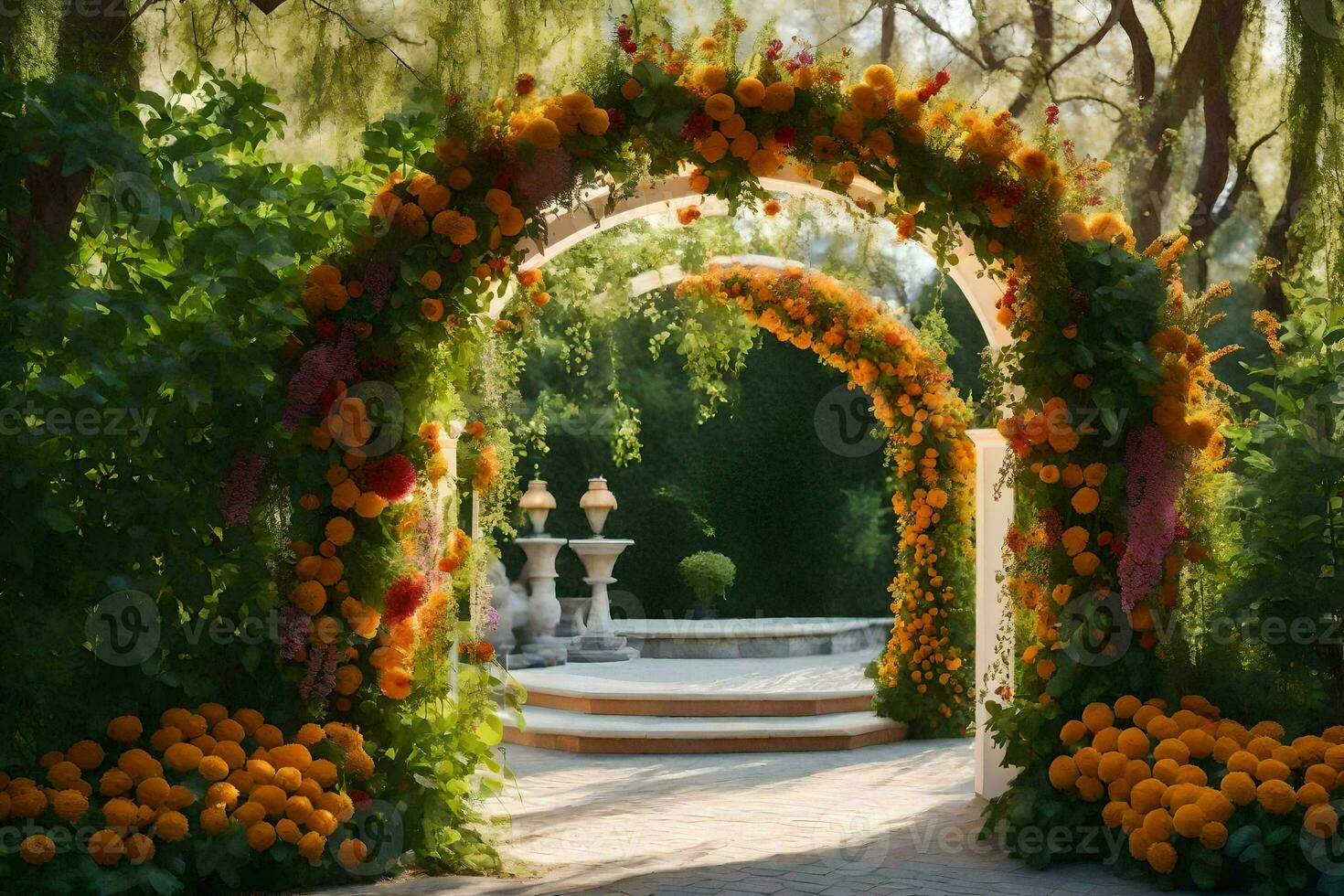 an archway decorated with orange flowers and pumpkins. AI-Generated photo