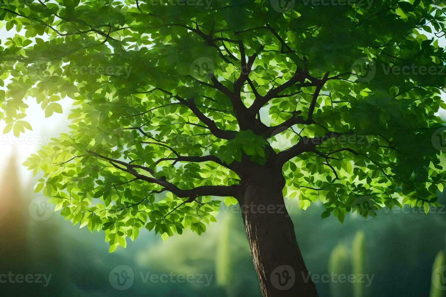 a tree is shown in the sunlight with green leaves. AI-Generated photo
