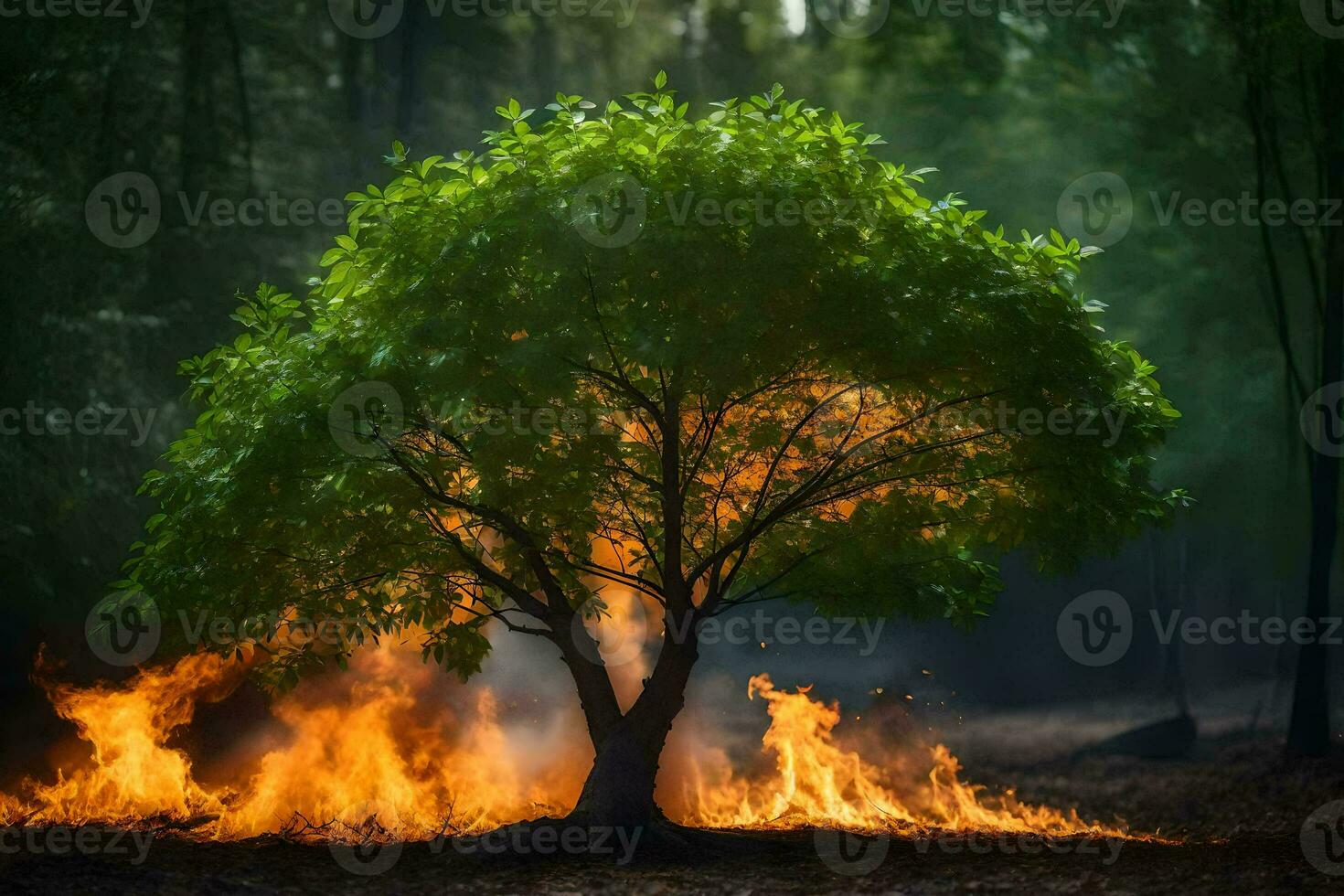 a tree is burning in the forest. AI-Generated photo