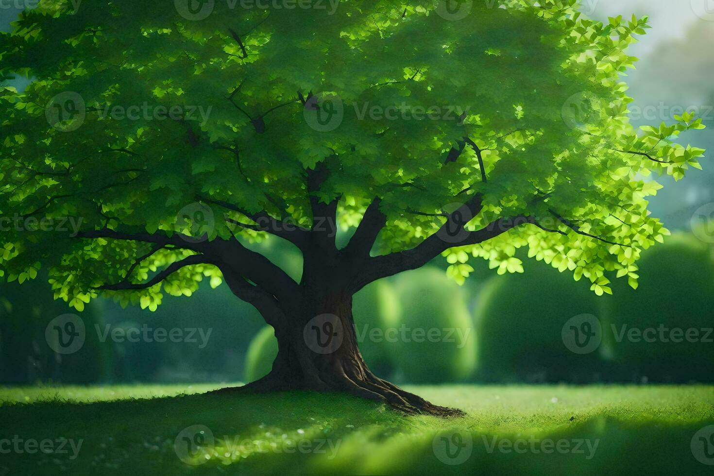 a tree is shown in the middle of a green field. AI-Generated photo