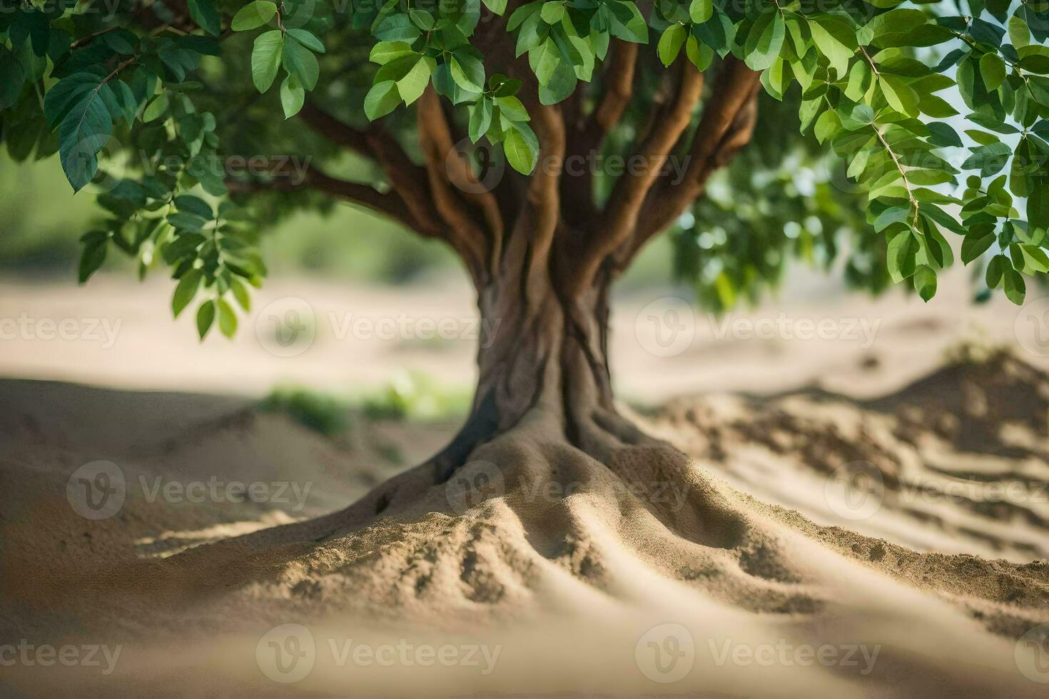 a tree with roots growing out of the sand. AI-Generated photo
