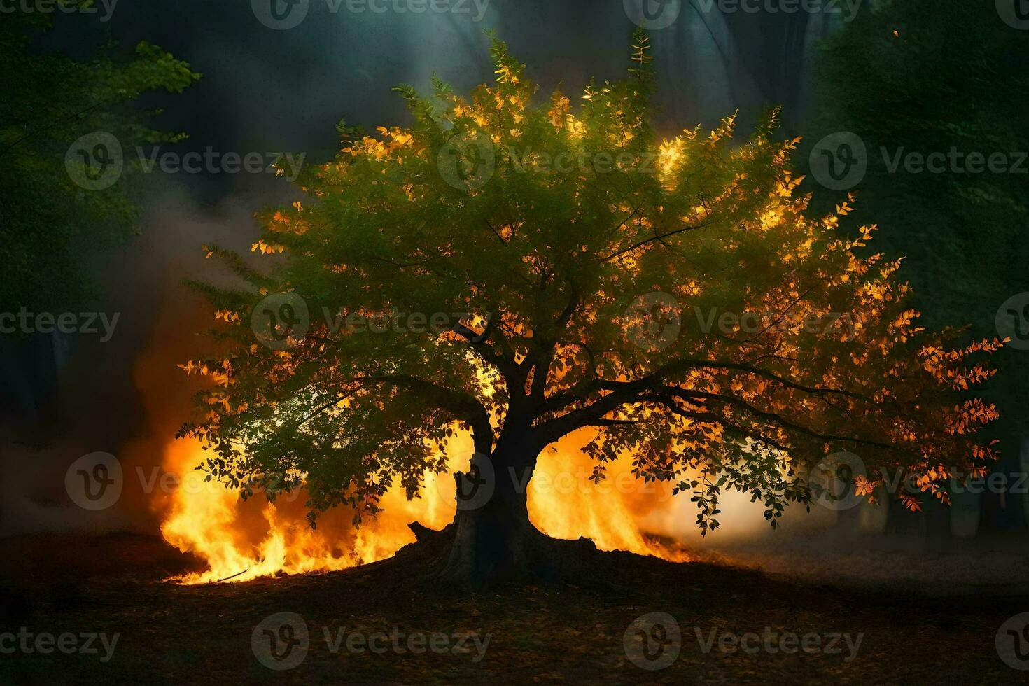 a tree with flames coming out of it in the forest. AI-Generated photo