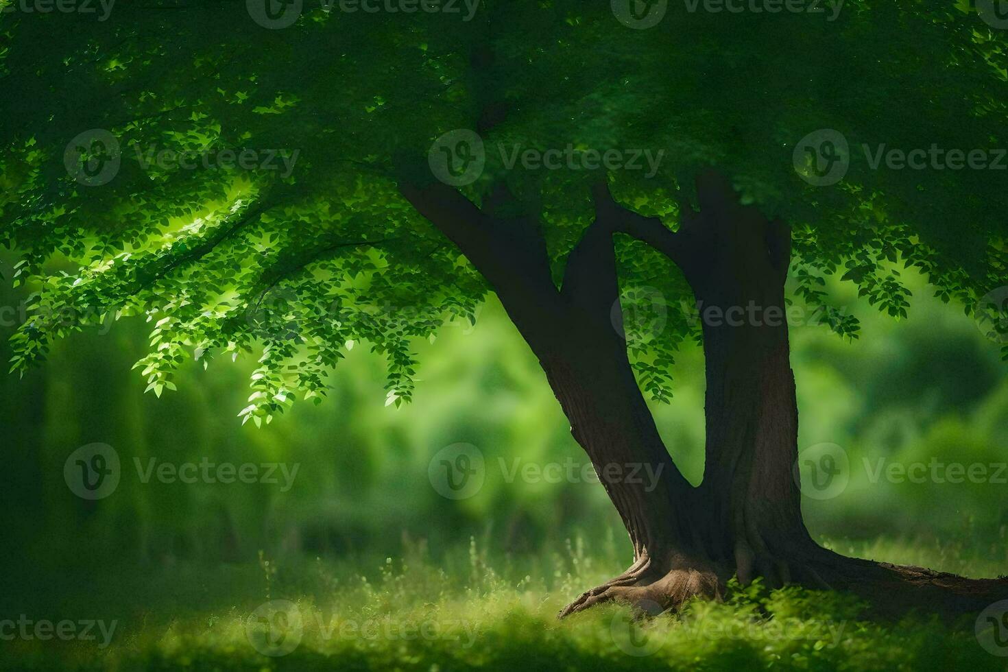 a tree in the middle of a green field. AI-Generated photo