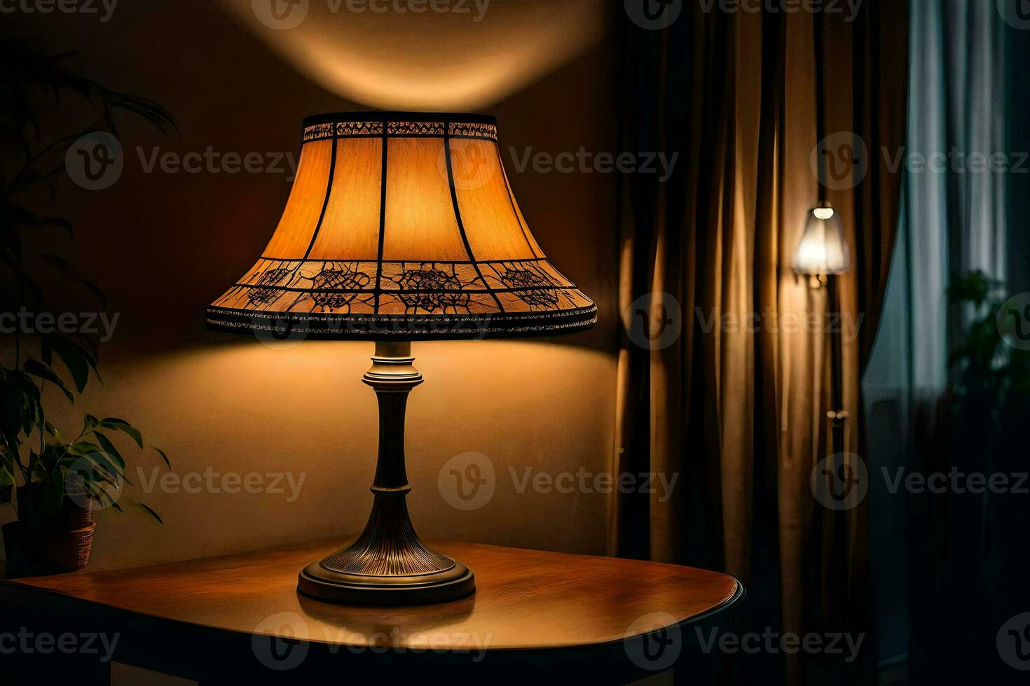 a lamp on a table in the dark. AI-Generated photo