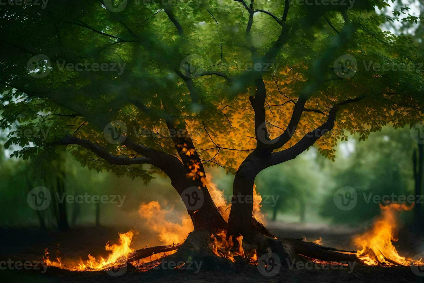 a tree with flames coming out of it in the middle of the forest. AI-Generated photo