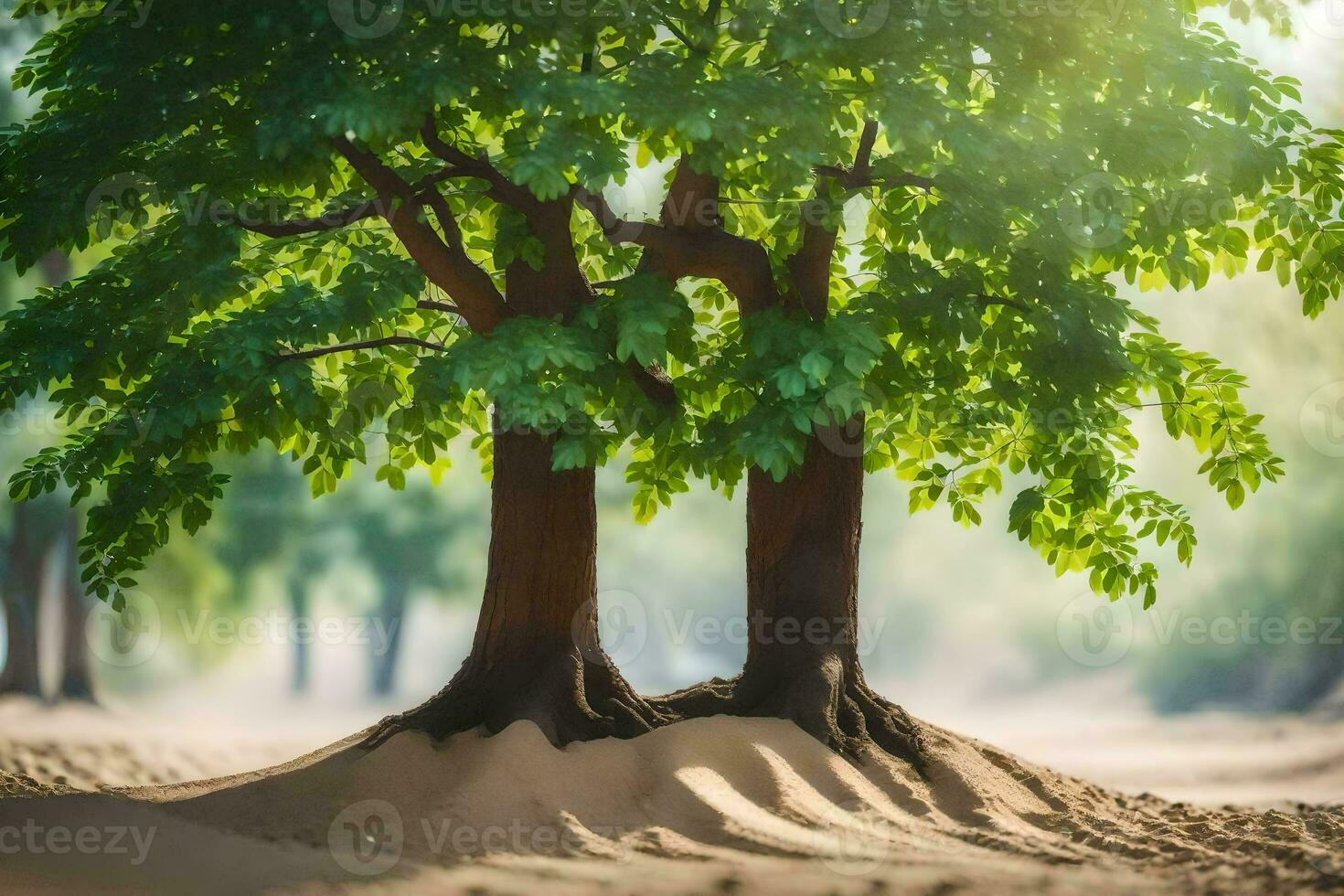 two trees in the sand with sunlight shining through them. AI-Generated photo