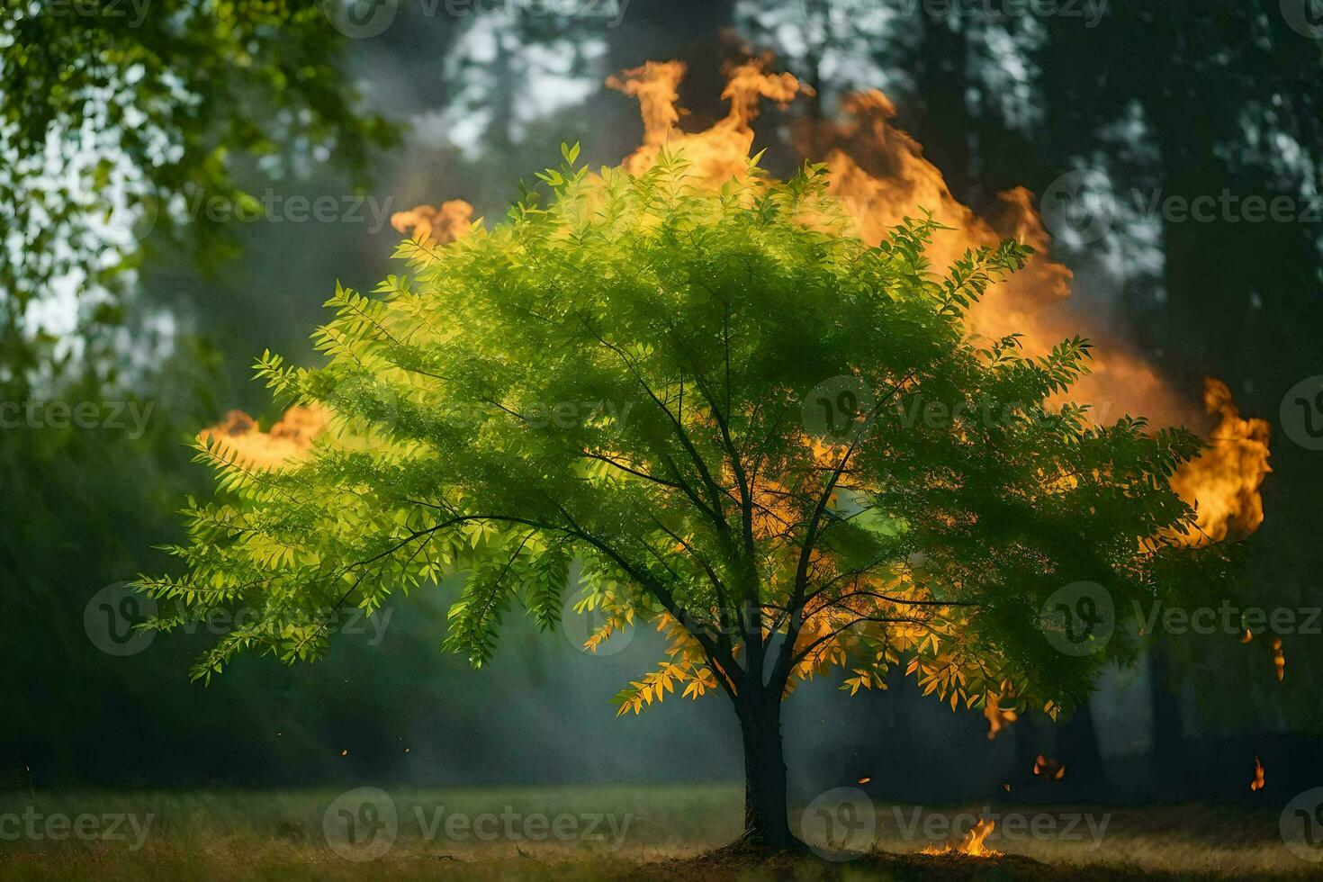 a tree with flames coming out of it in the middle of a field. AI-Generated photo