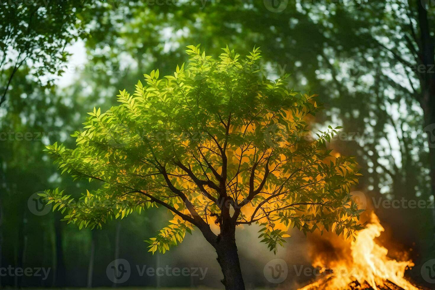 a tree is burning in the middle of a forest. AI-Generated photo
