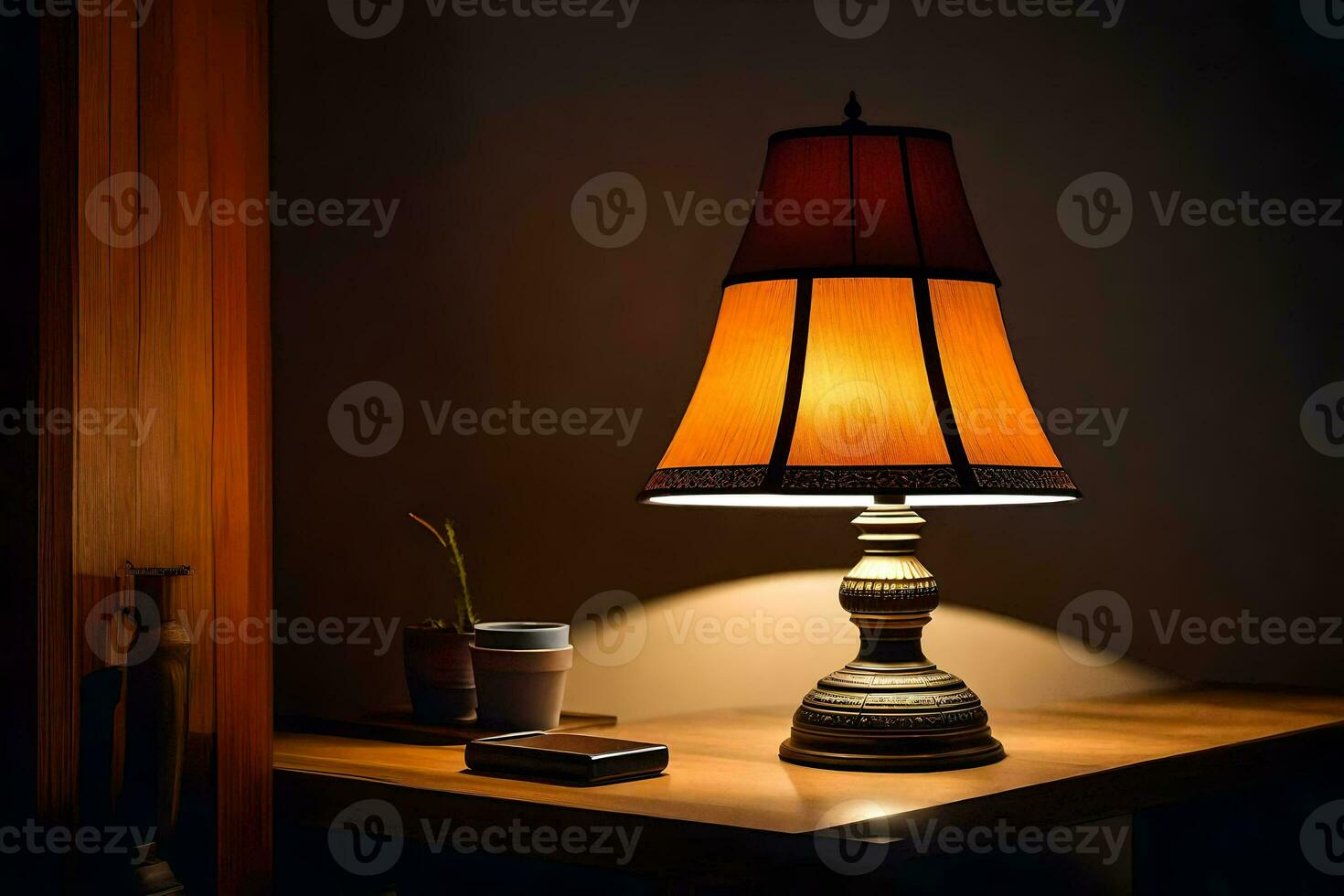 a lamp on a table in the dark. AI-Generated photo