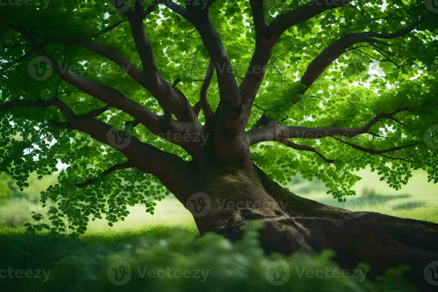 a tree in the middle of a green field. AI-Generated photo