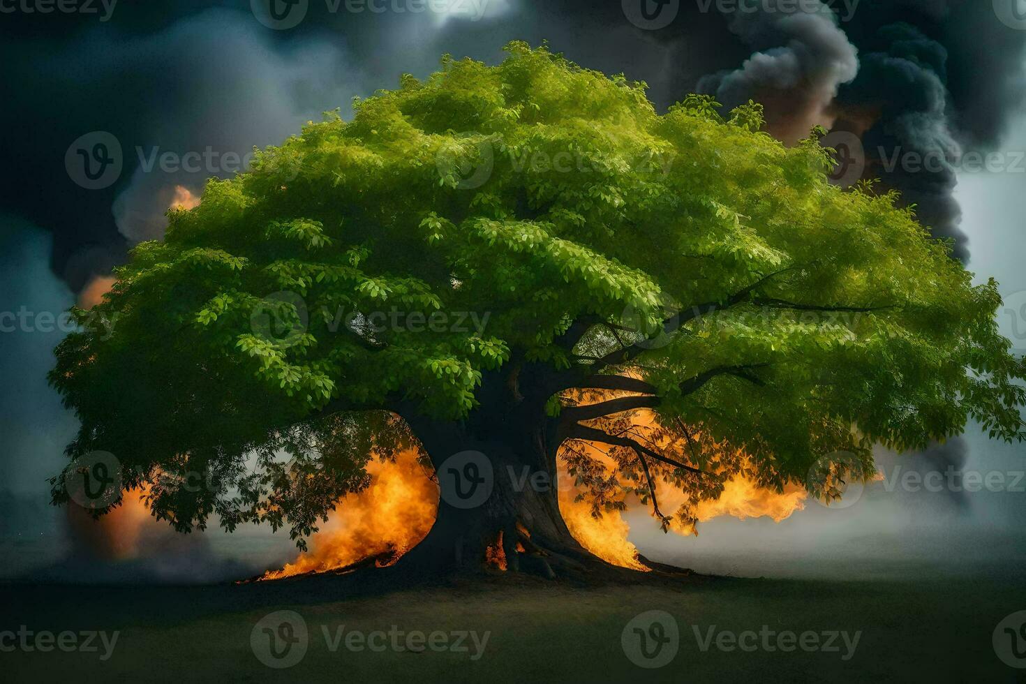 a large tree with smoke coming out of it. AI-Generated photo