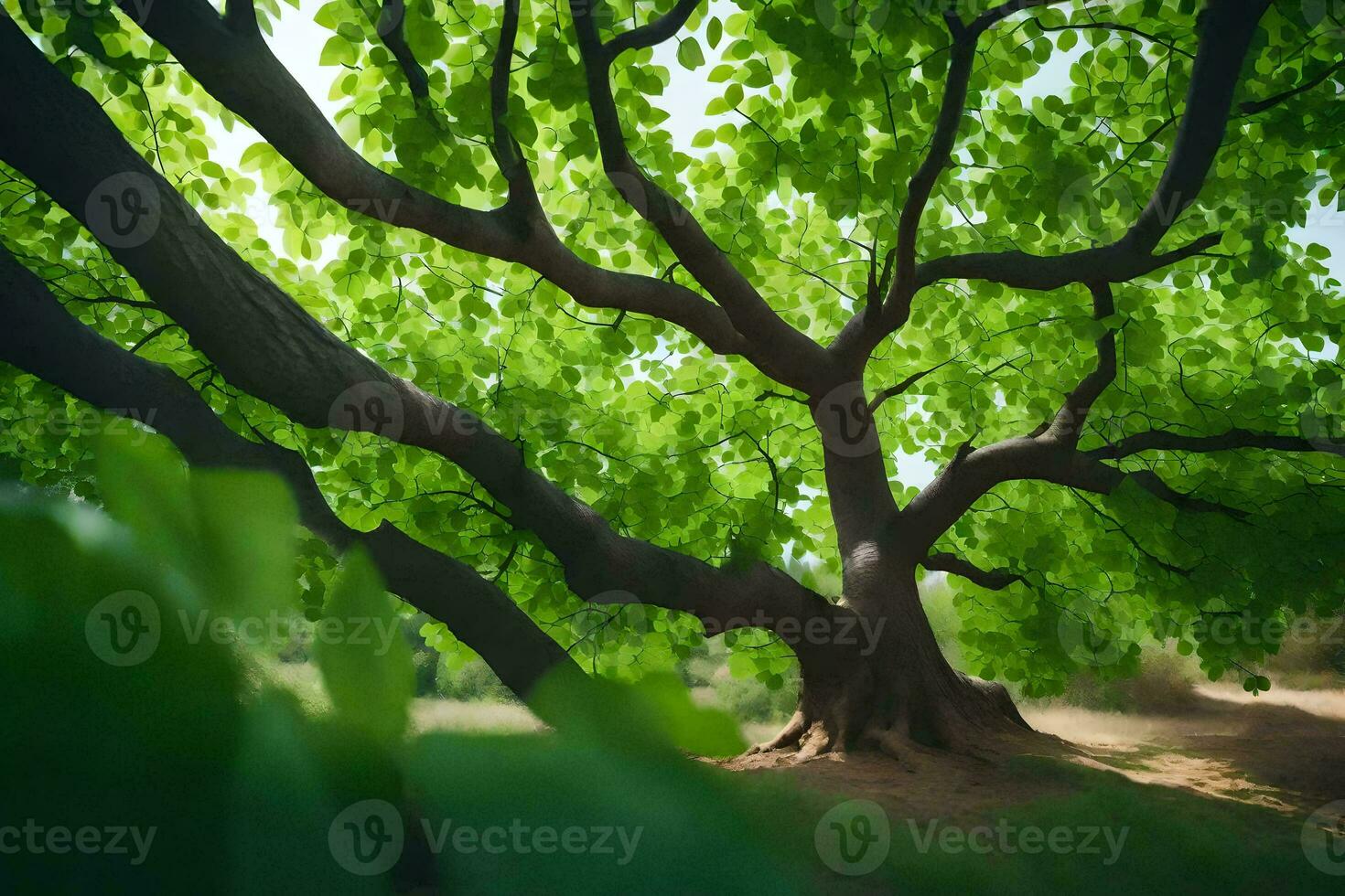 a large tree with green leaves in the sun. AI-Generated photo