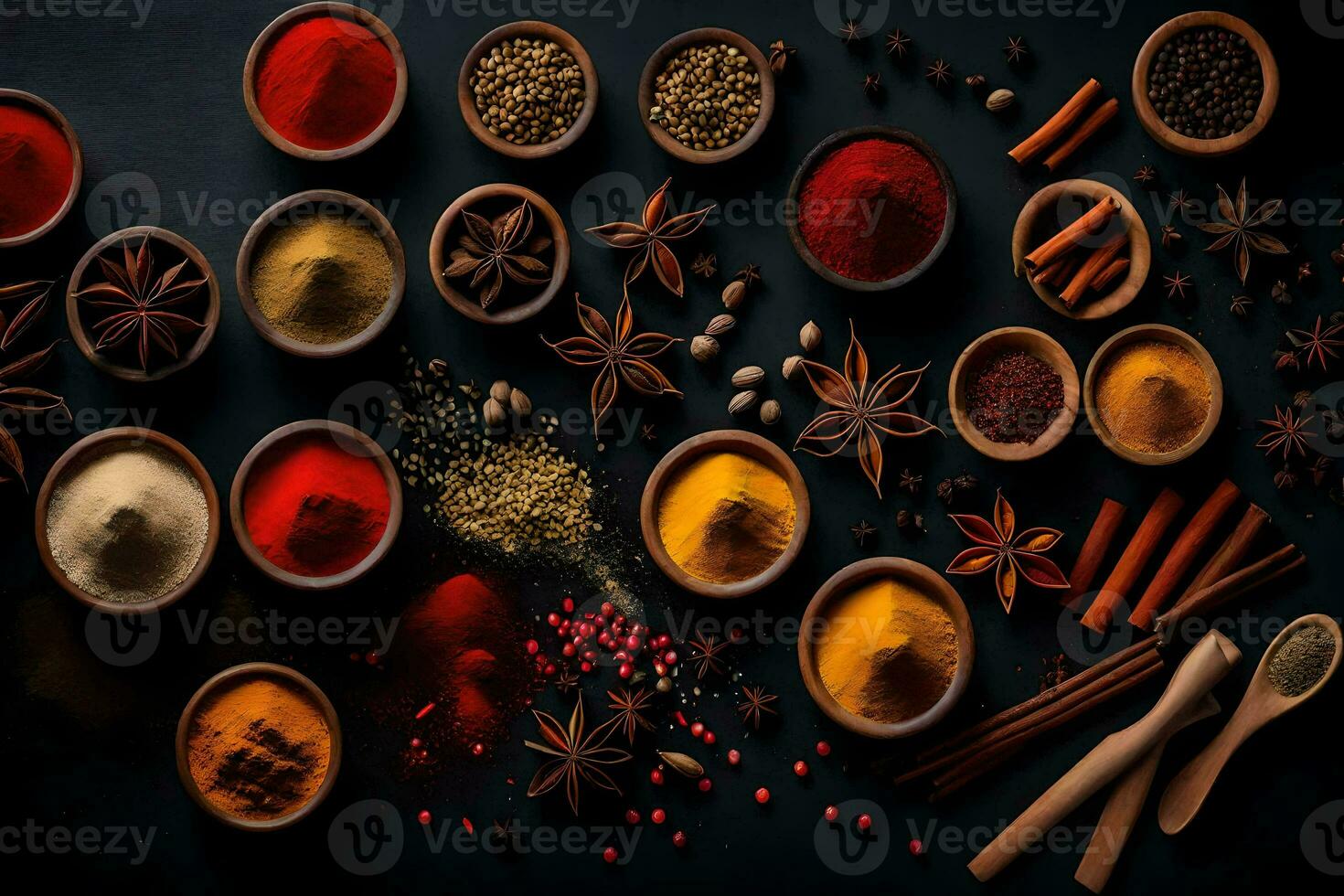 spices and spices on a black background. AI-Generated photo