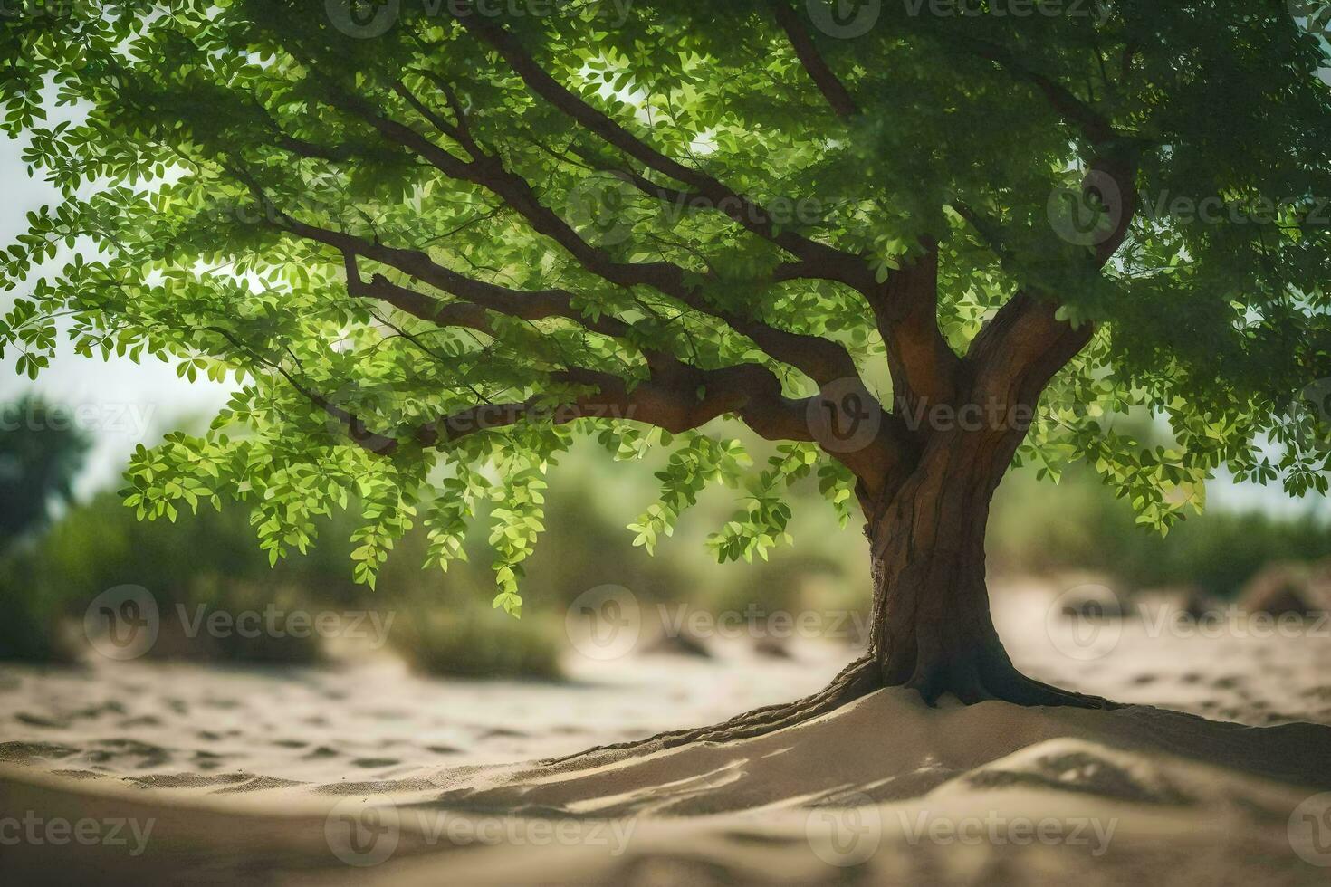 un árbol en el Desierto con arena y césped. generado por ai foto