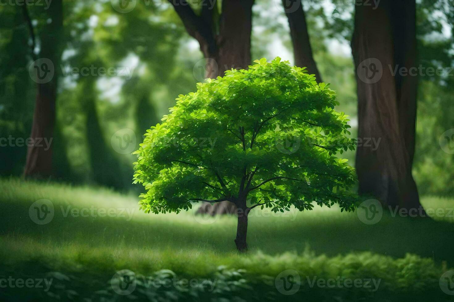 a tree in the middle of a green forest. AI-Generated photo