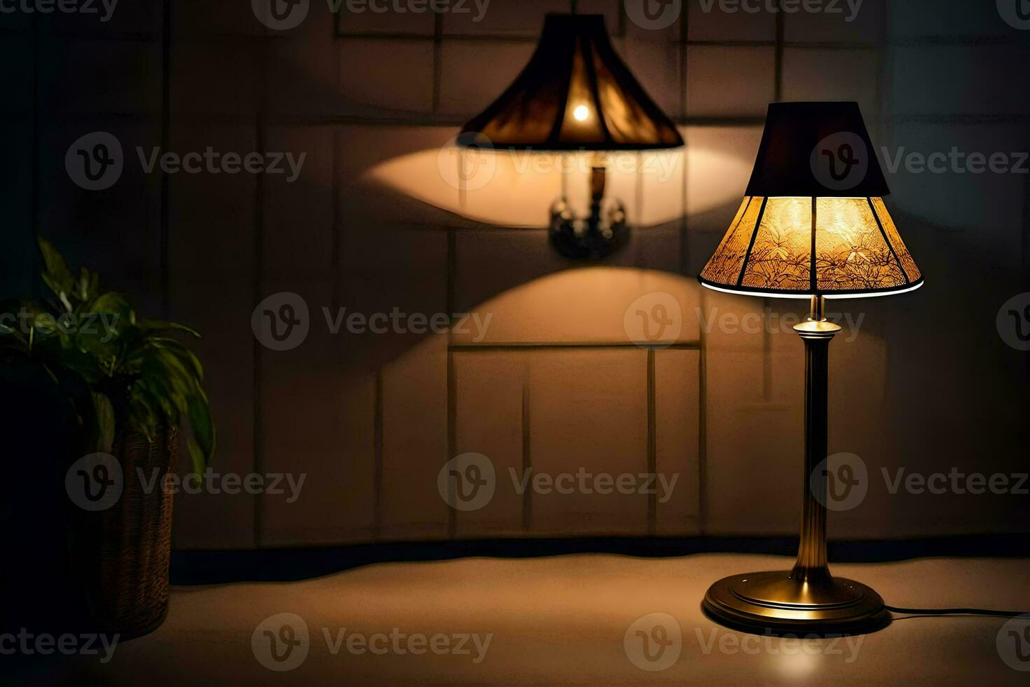 a lamp is on a table next to a plant. AI-Generated photo