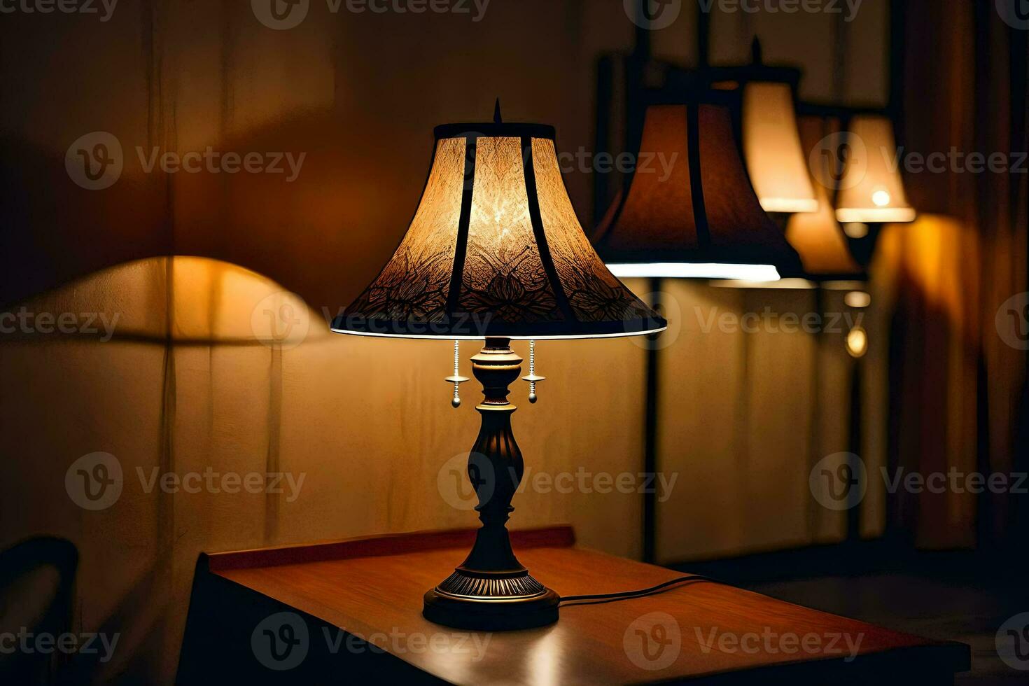 a lamp on a table in a dark room. AI-Generated photo