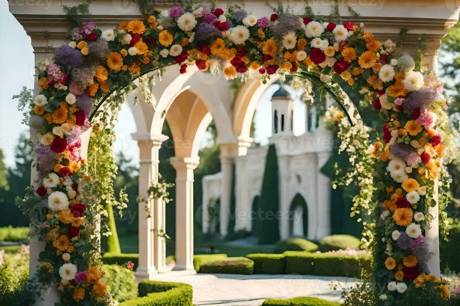 a wedding arch decorated with flowers. AI-Generated photo