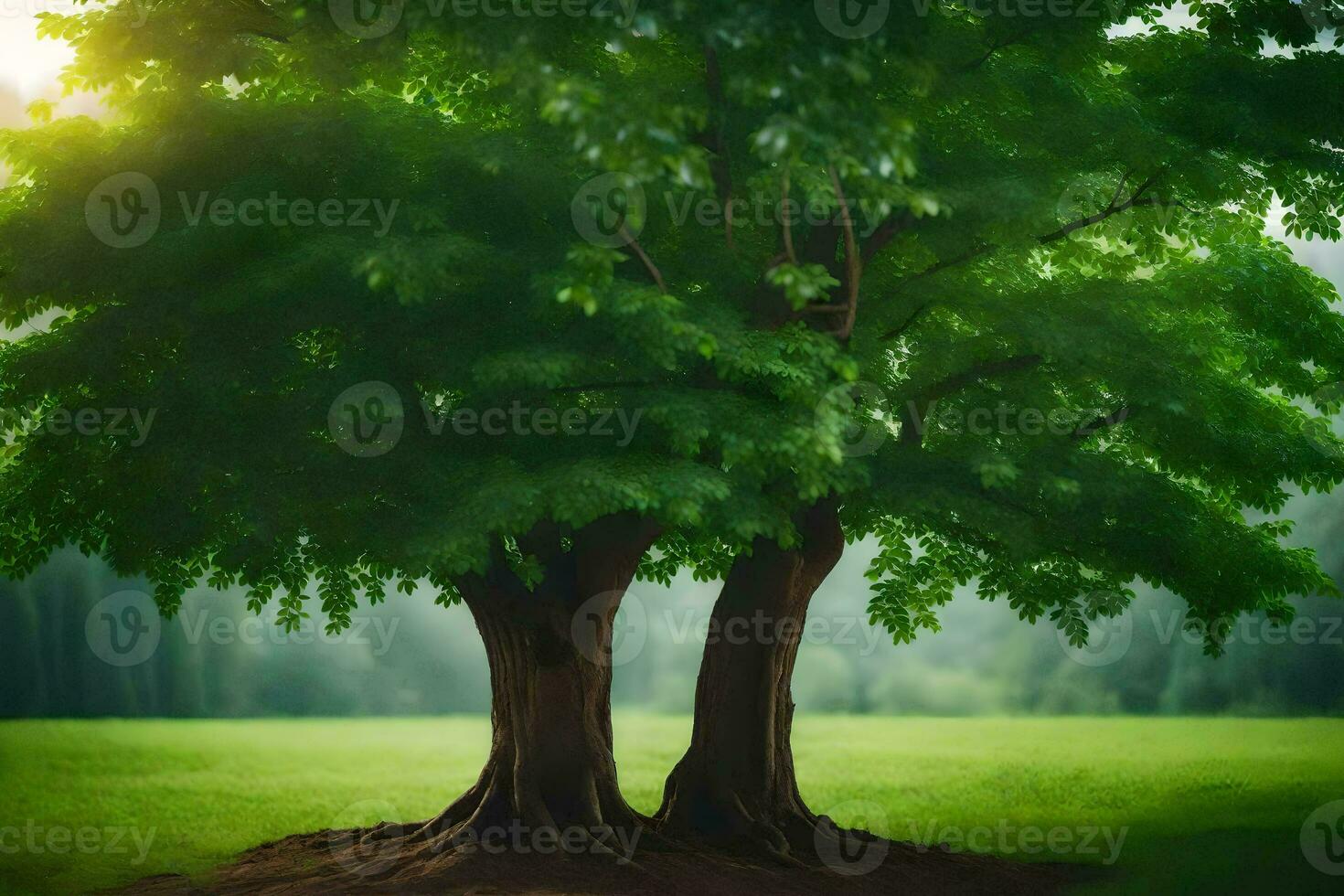 two trees in a field with green grass. AI-Generated photo