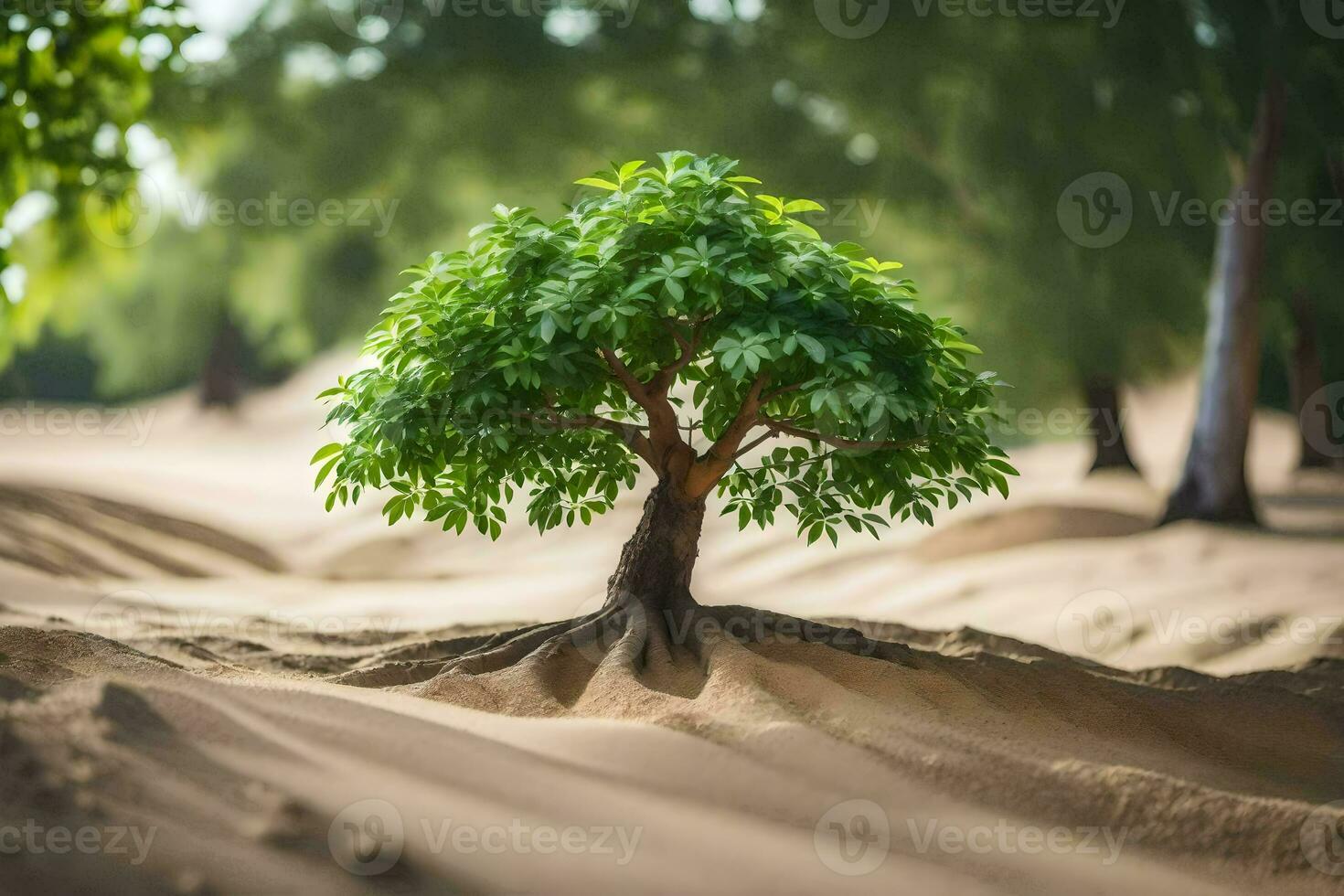 a small tree growing in the sand. AI-Generated photo