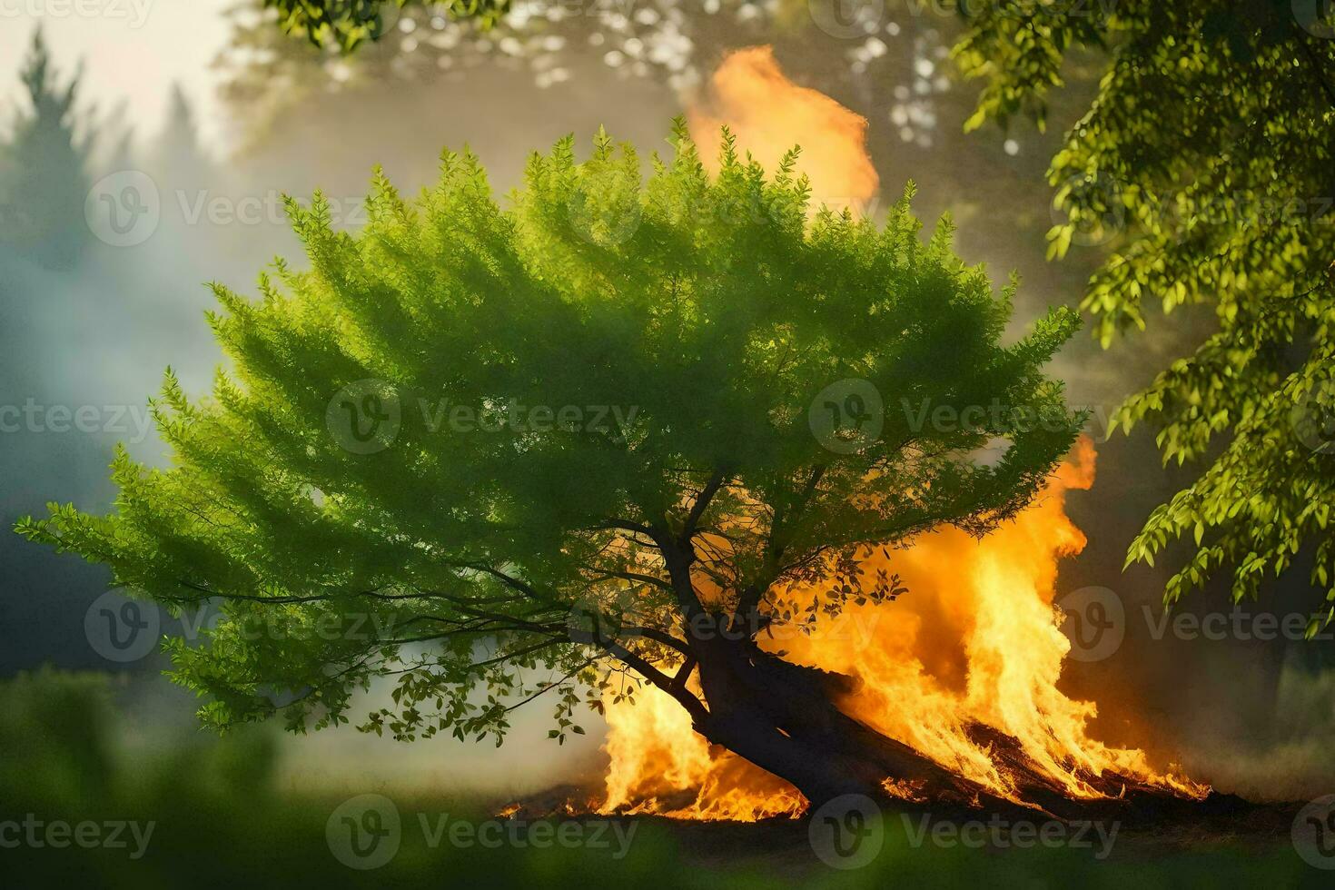 a tree is burning in the middle of a forest. AI-Generated photo