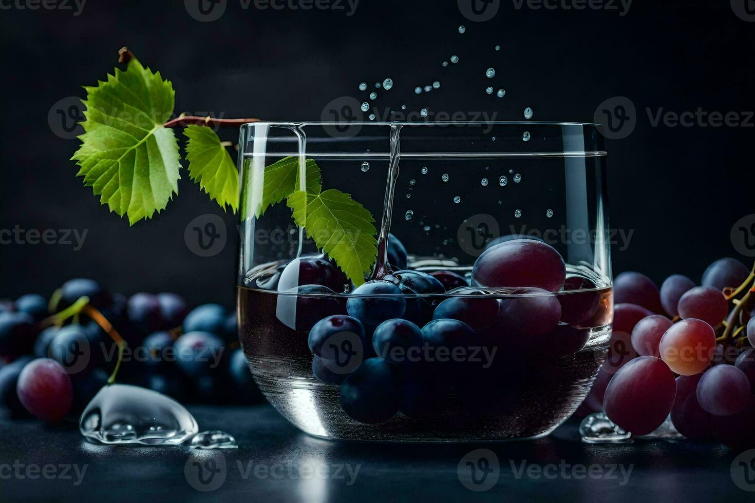 grapes in a glass with ice and water. AI-Generated photo