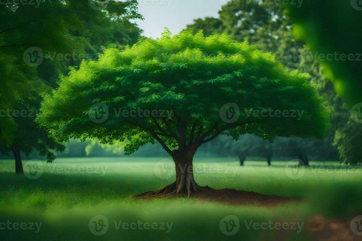 a tree in a field with green leaves. AI-Generated photo