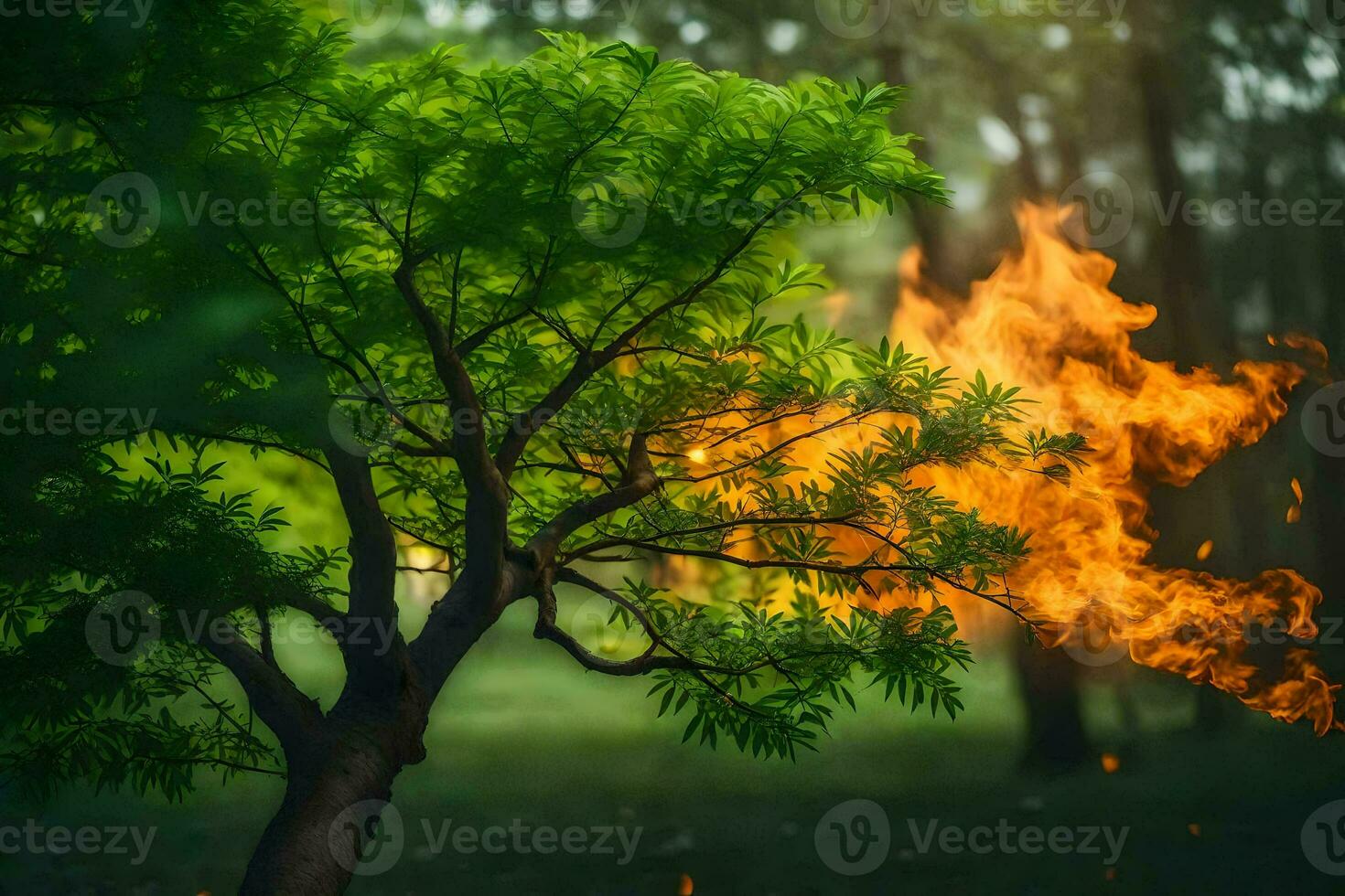 a tree with flames coming out of it. AI-Generated photo