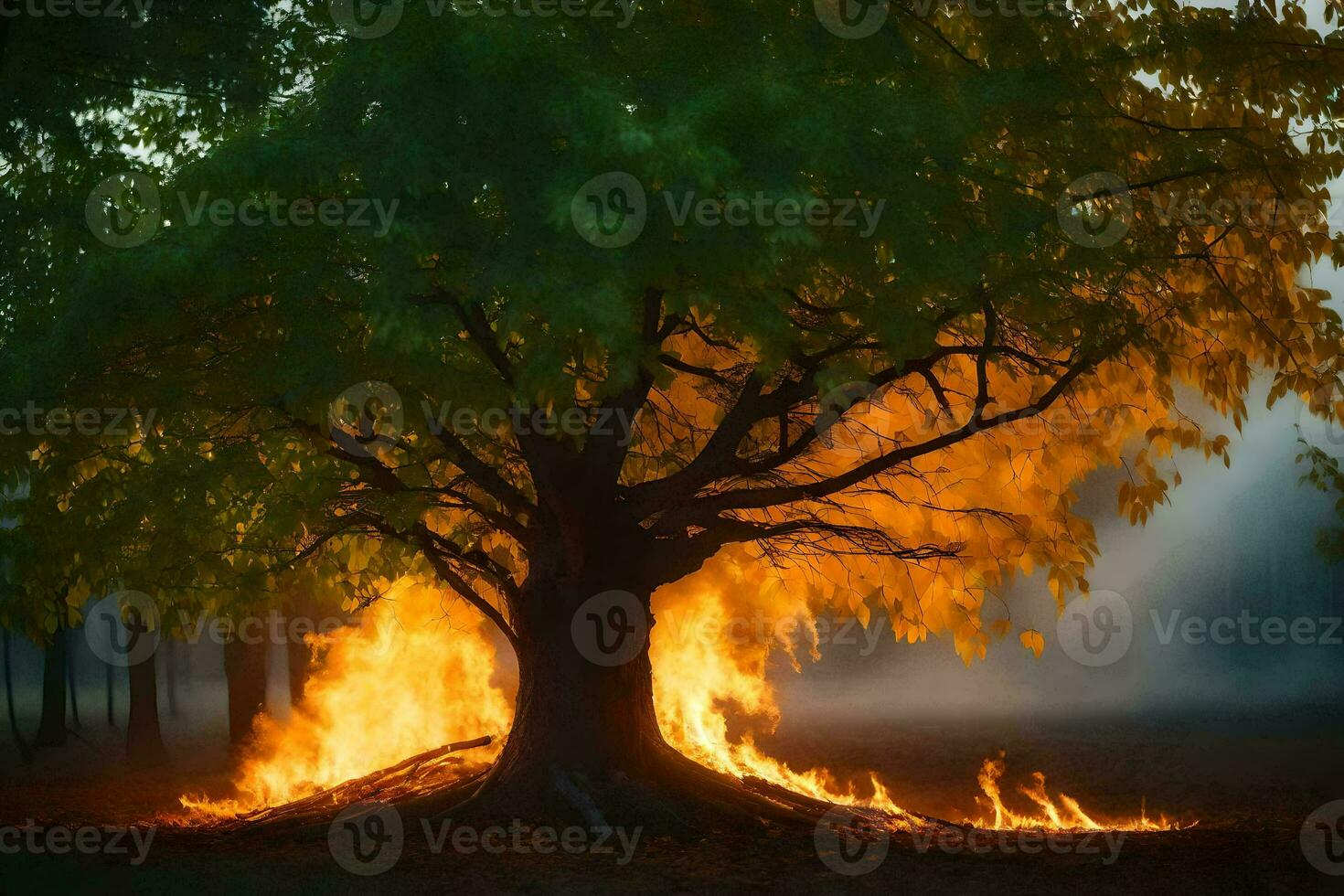 a tree with flames coming out of it in the middle of the forest. AI-Generated photo