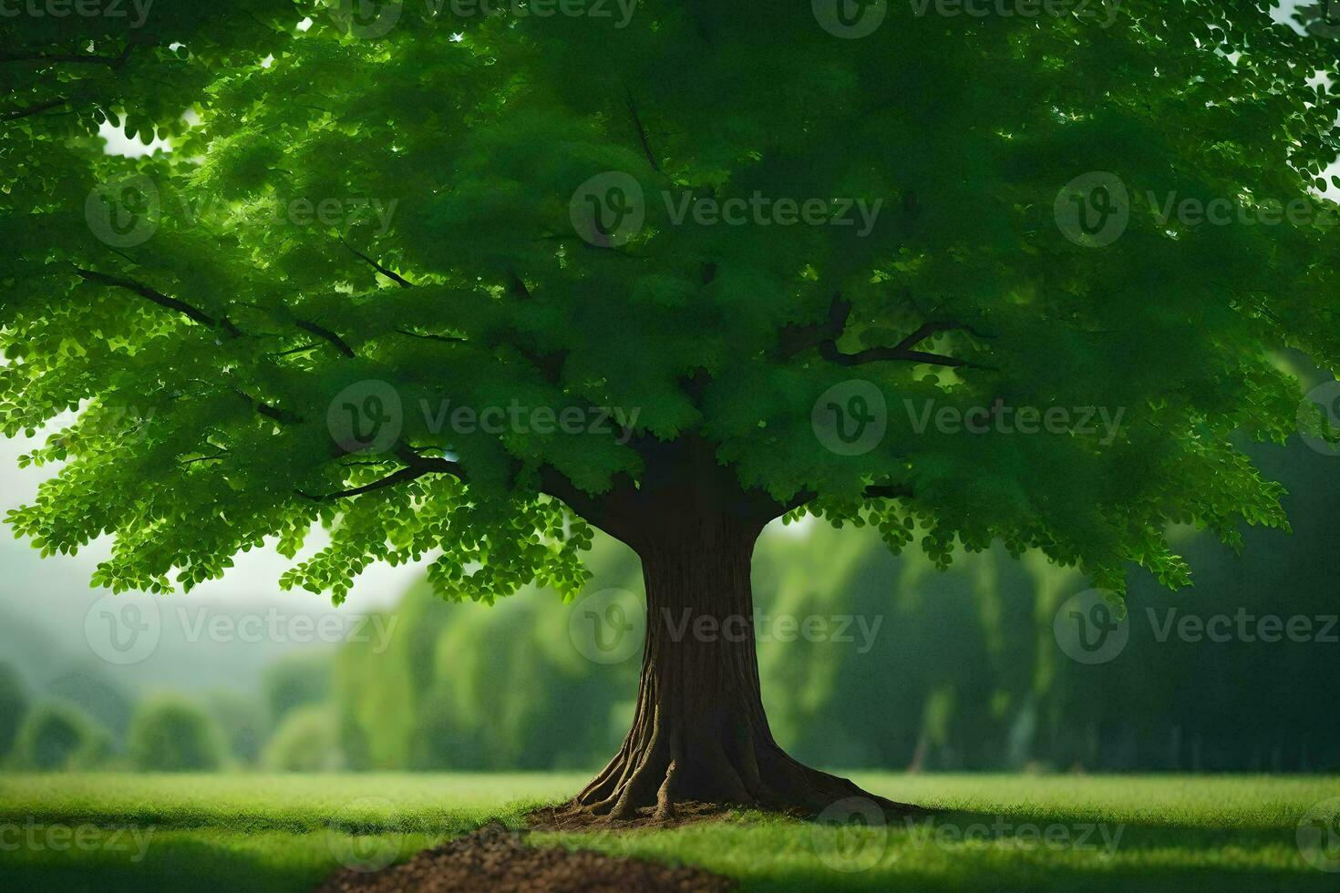 a tree is standing in the middle of a field. AI-Generated photo