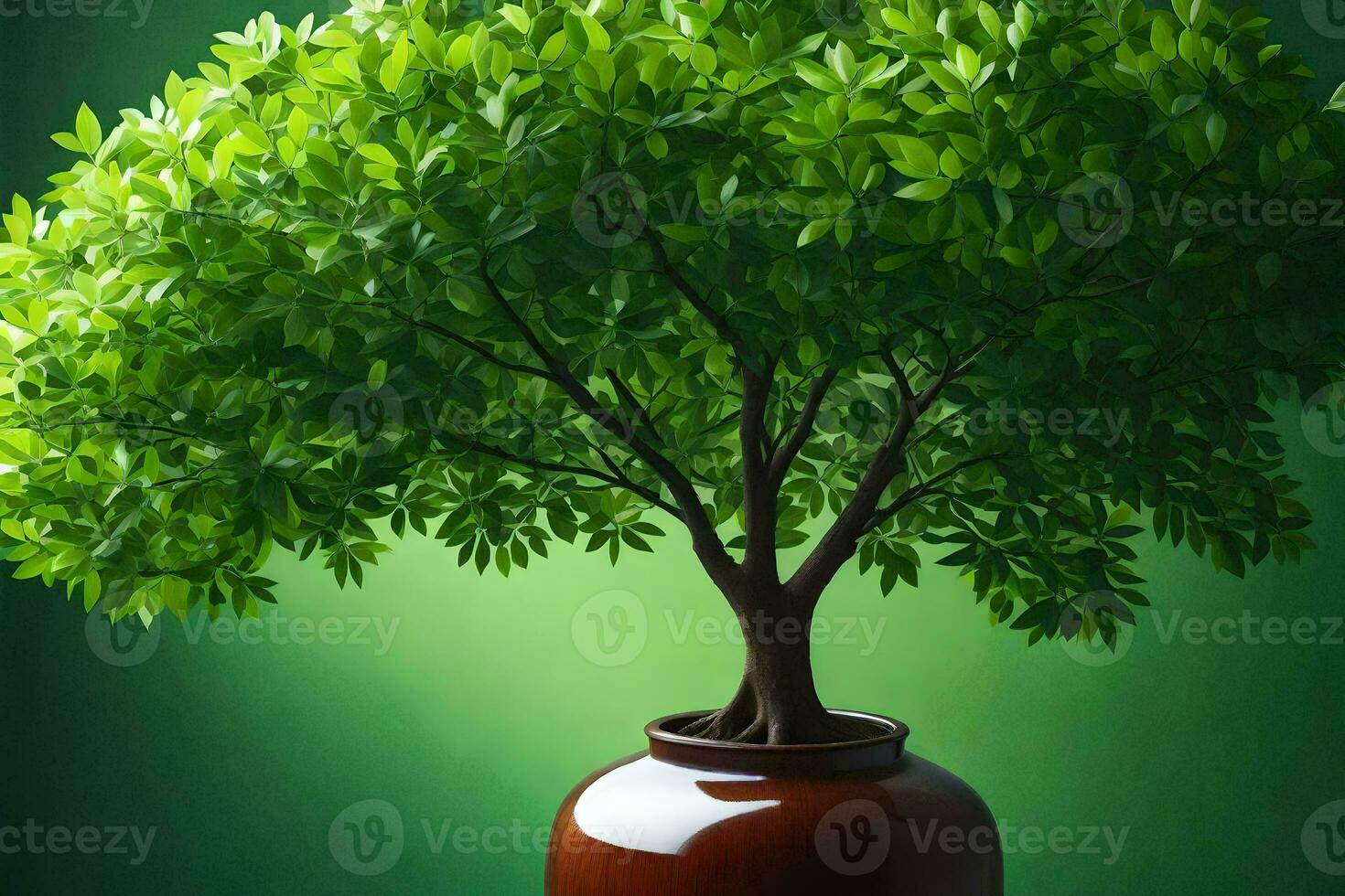 a green tree in a vase on a green background. AI-Generated photo