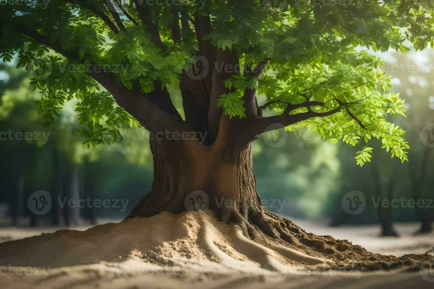 a tree with roots growing out of the ground. AI-Generated photo