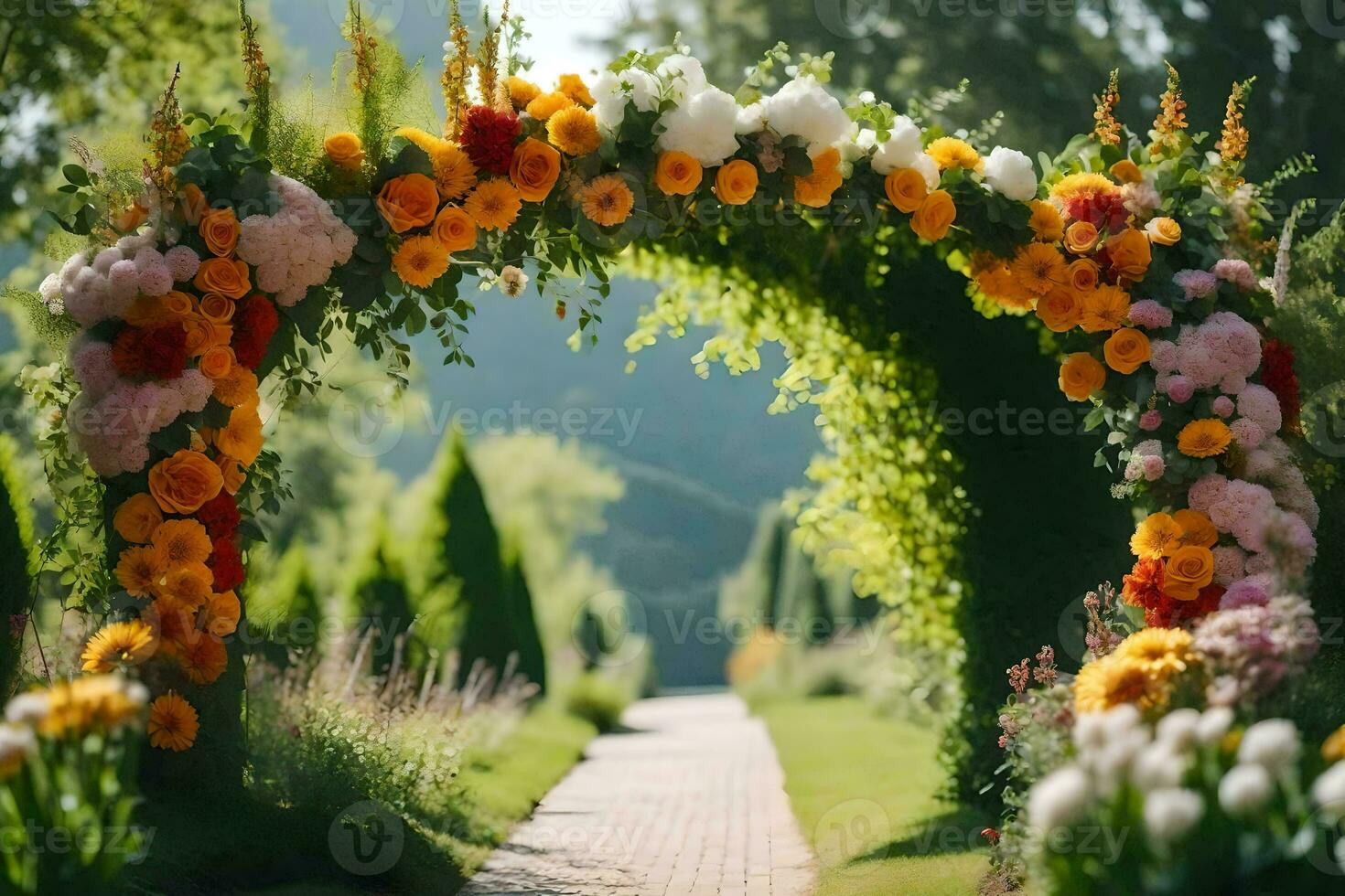 a flower archway in a garden. AI-Generated photo