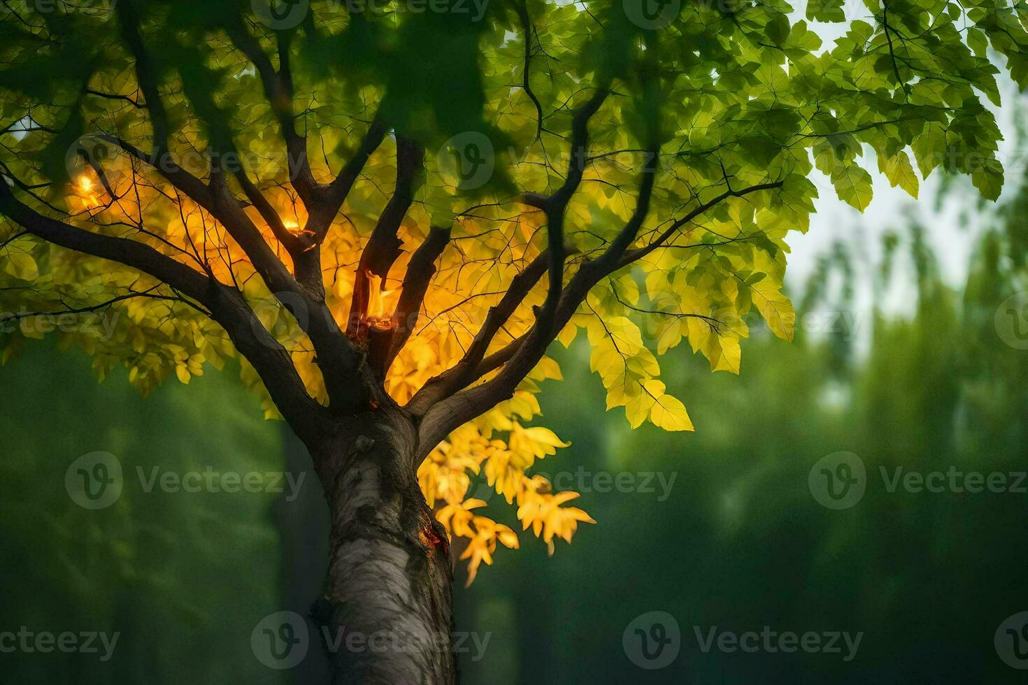 a tree with yellow leaves and green leaves. AI-Generated photo