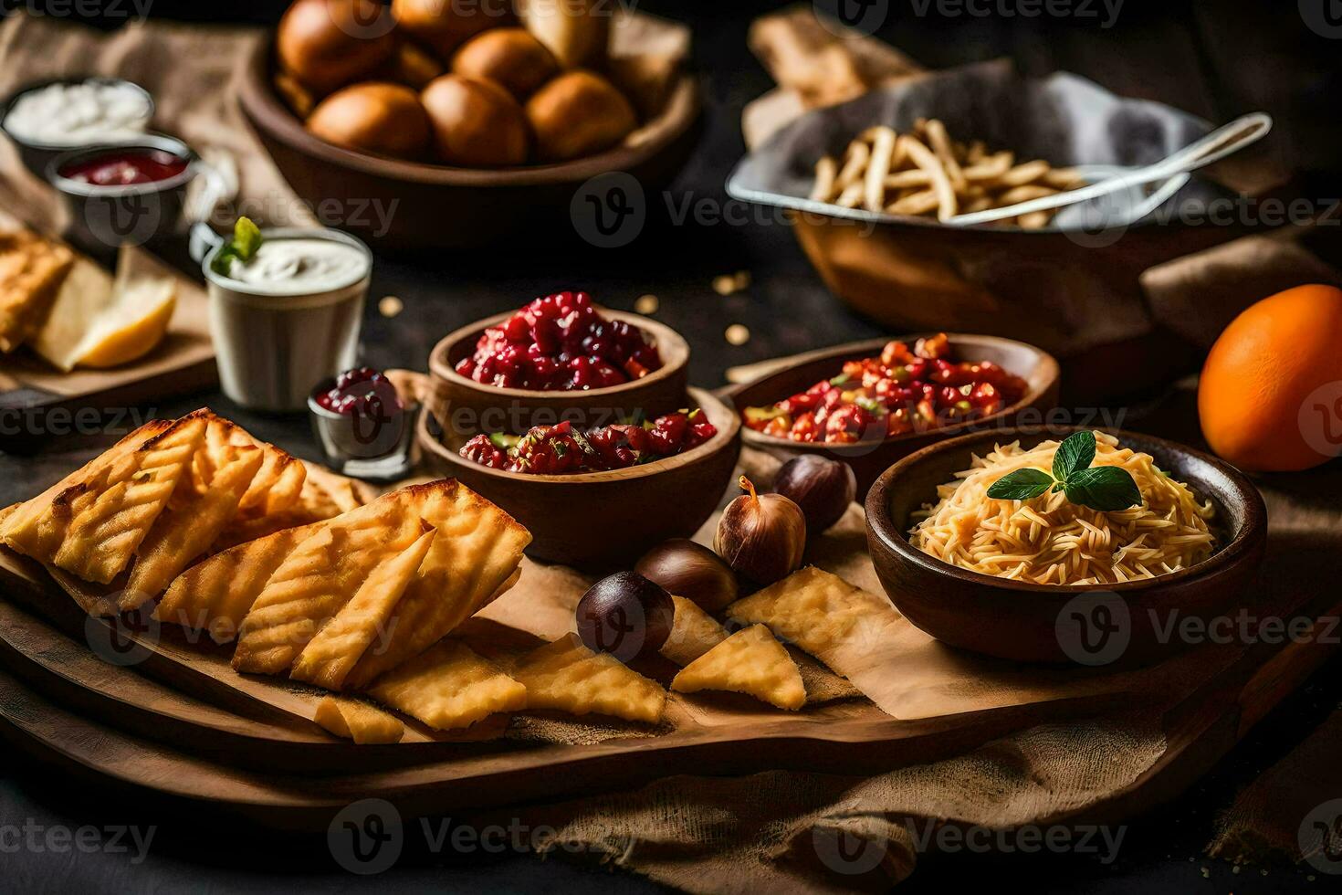 a table with various foods including bread, cheese, and other foods. AI-Generated photo