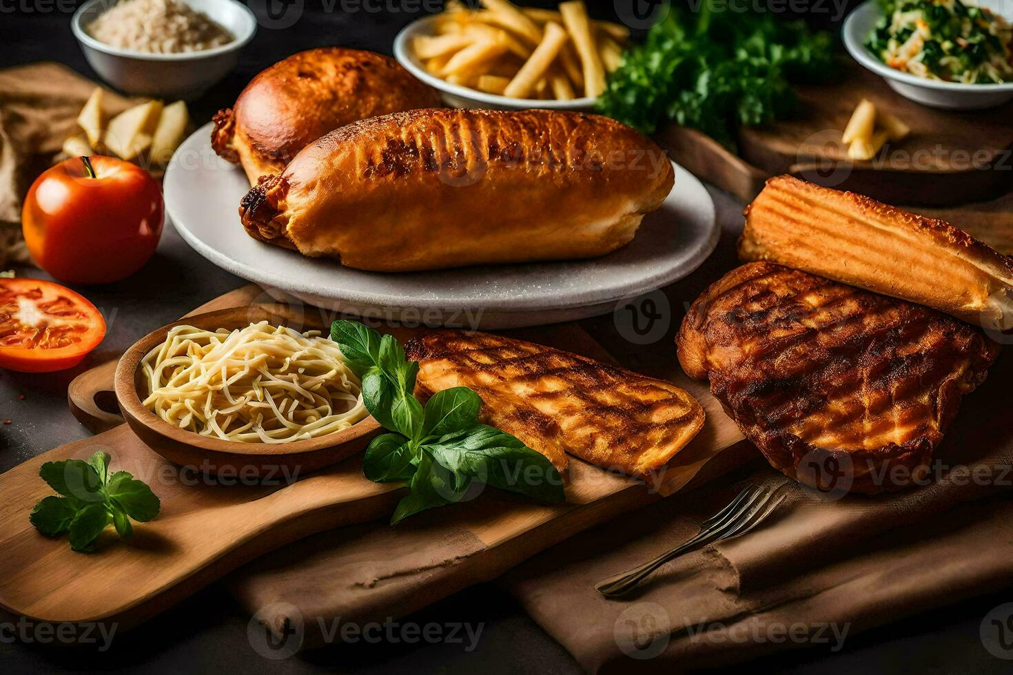 a variety of food on a wooden table. AI-Generated photo