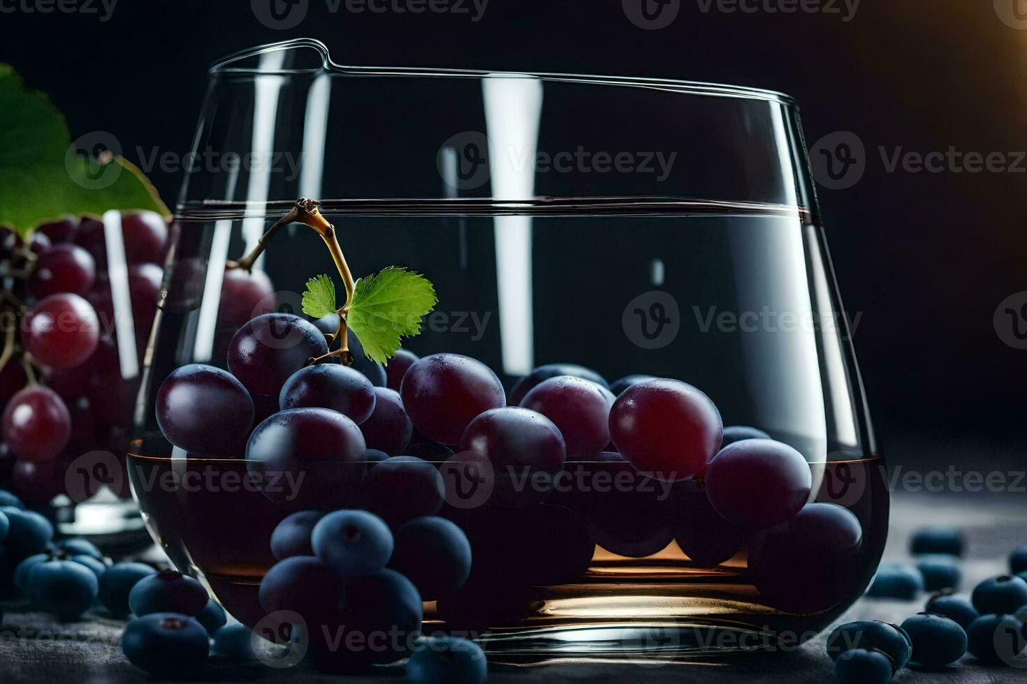 a glass of wine with grapes and leaves. AI-Generated photo