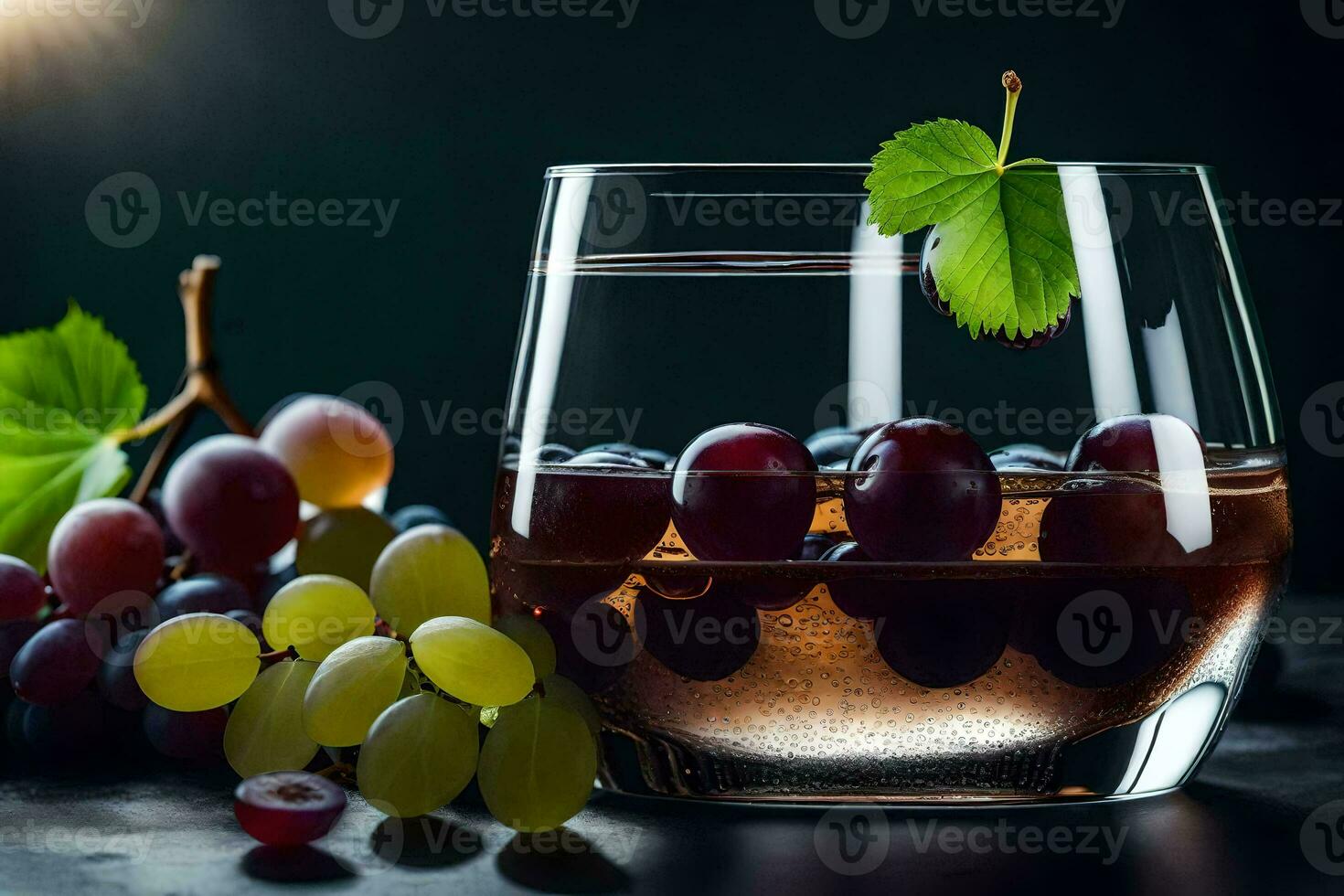 a glass of wine with grapes and leaves. AI-Generated photo