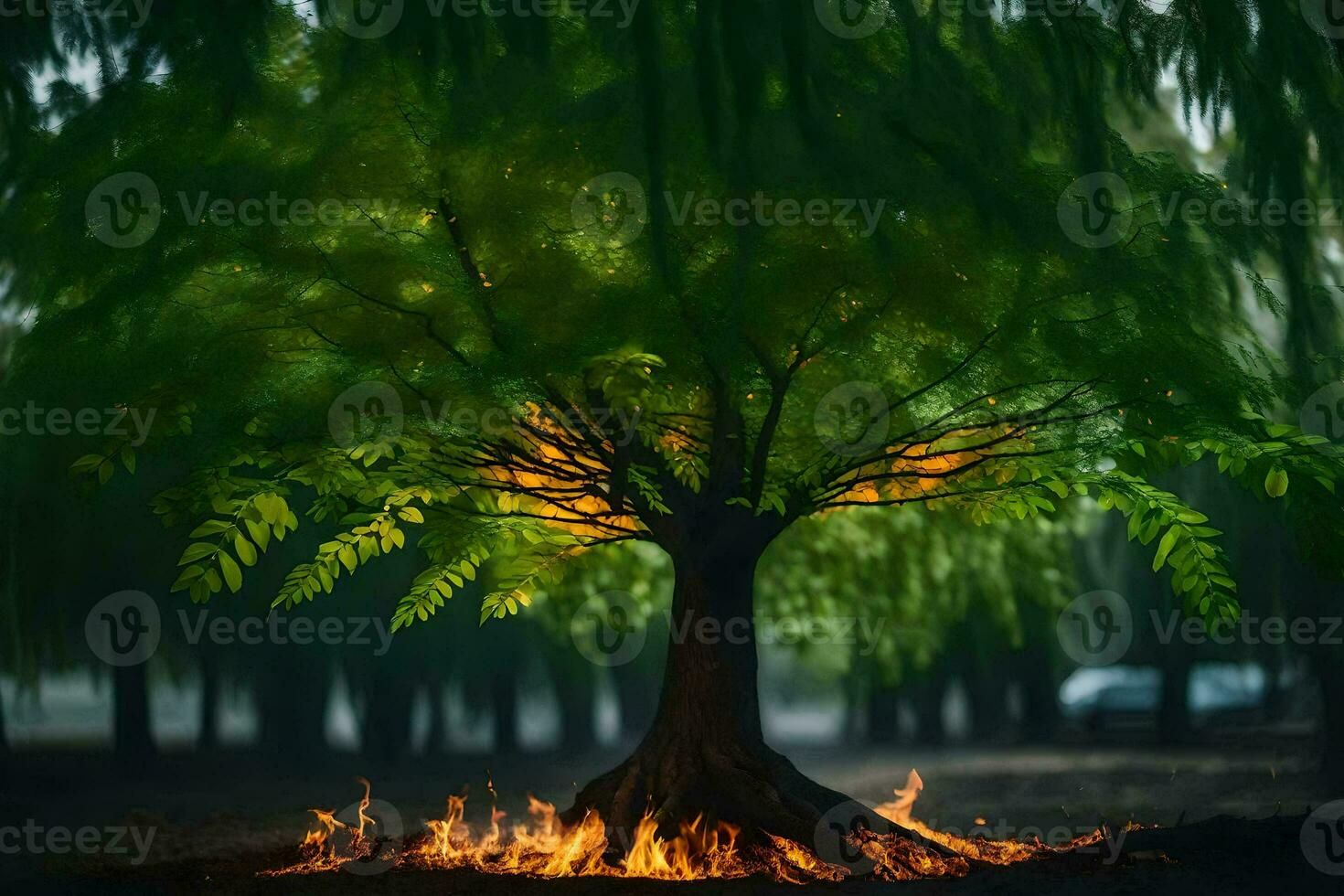 a tree with flames and smoke coming from it. AI-Generated photo