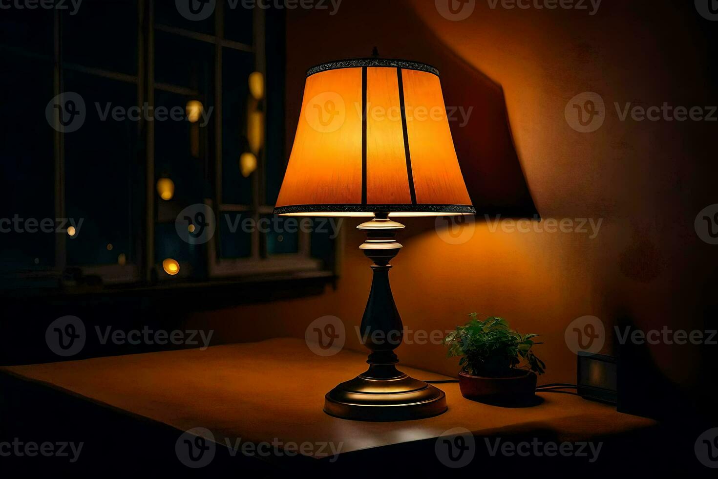 a lamp on a table in front of a window. AI-Generated photo