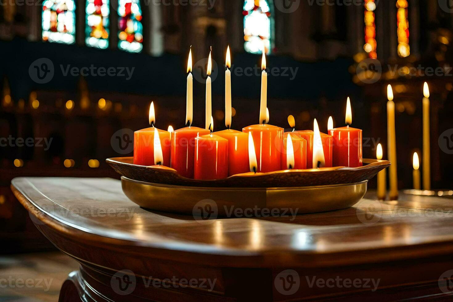 candles are lit in a church with candles in the background. AI-Generated photo