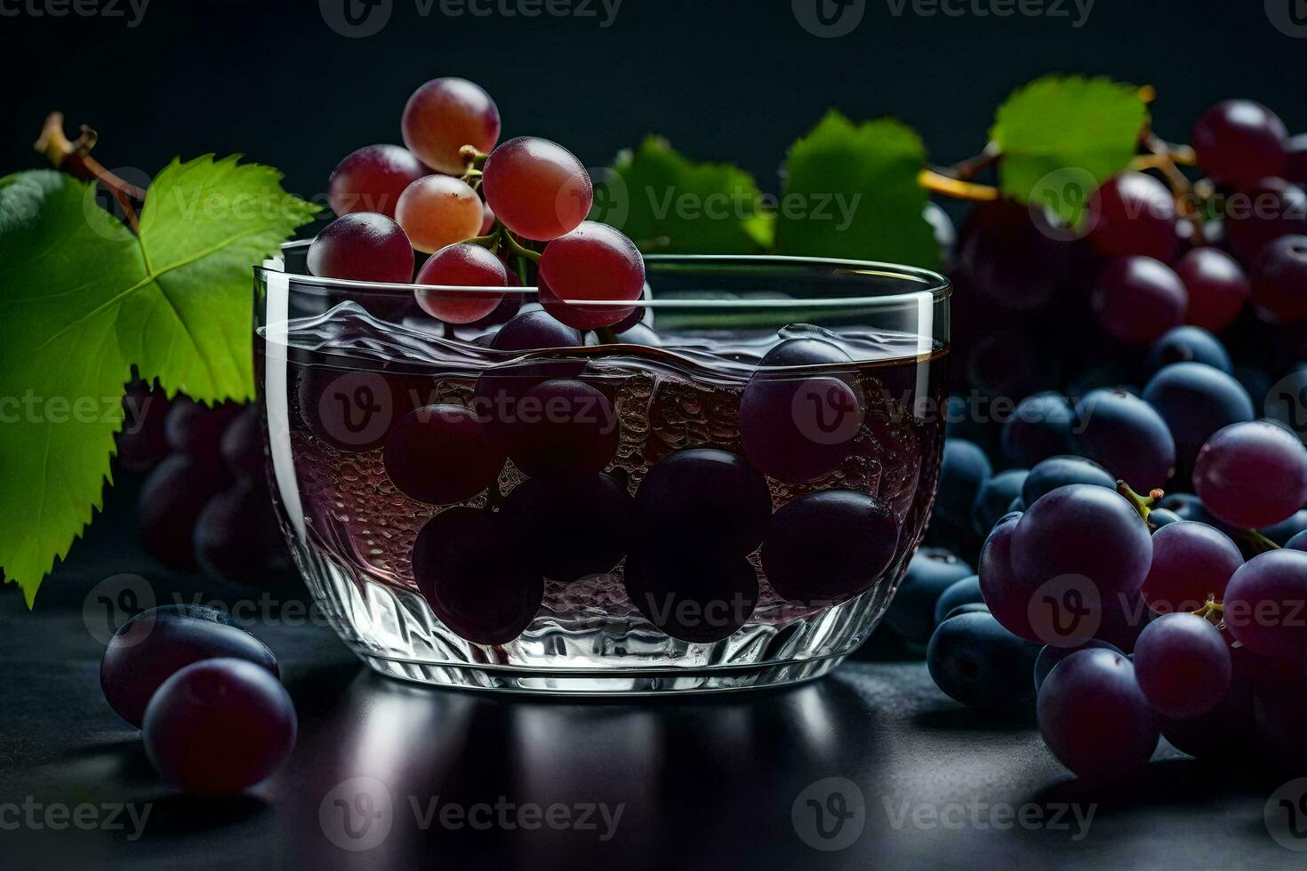 a glass of wine with grapes on a dark background. AI-Generated photo