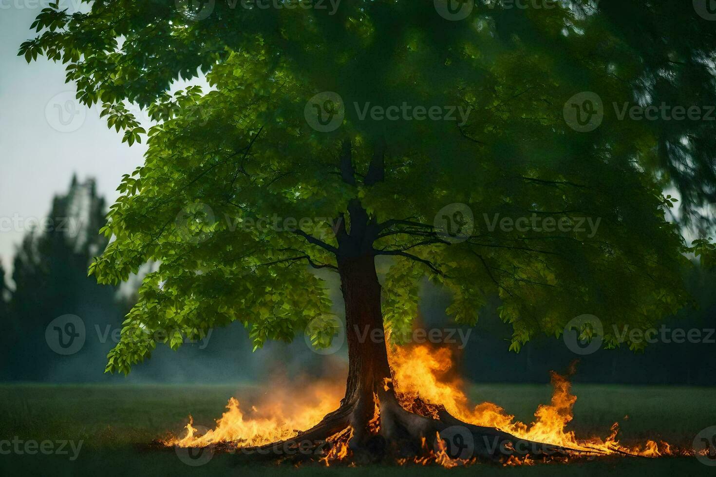 a tree with flames coming out of it in the middle of a field. AI-Generated photo