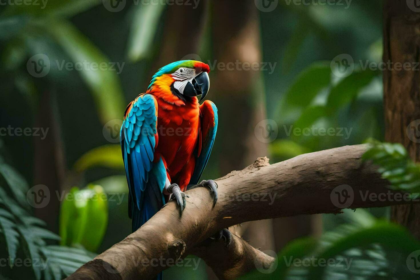 a colorful parrot sits on a branch in the jungle. AI-Generated photo