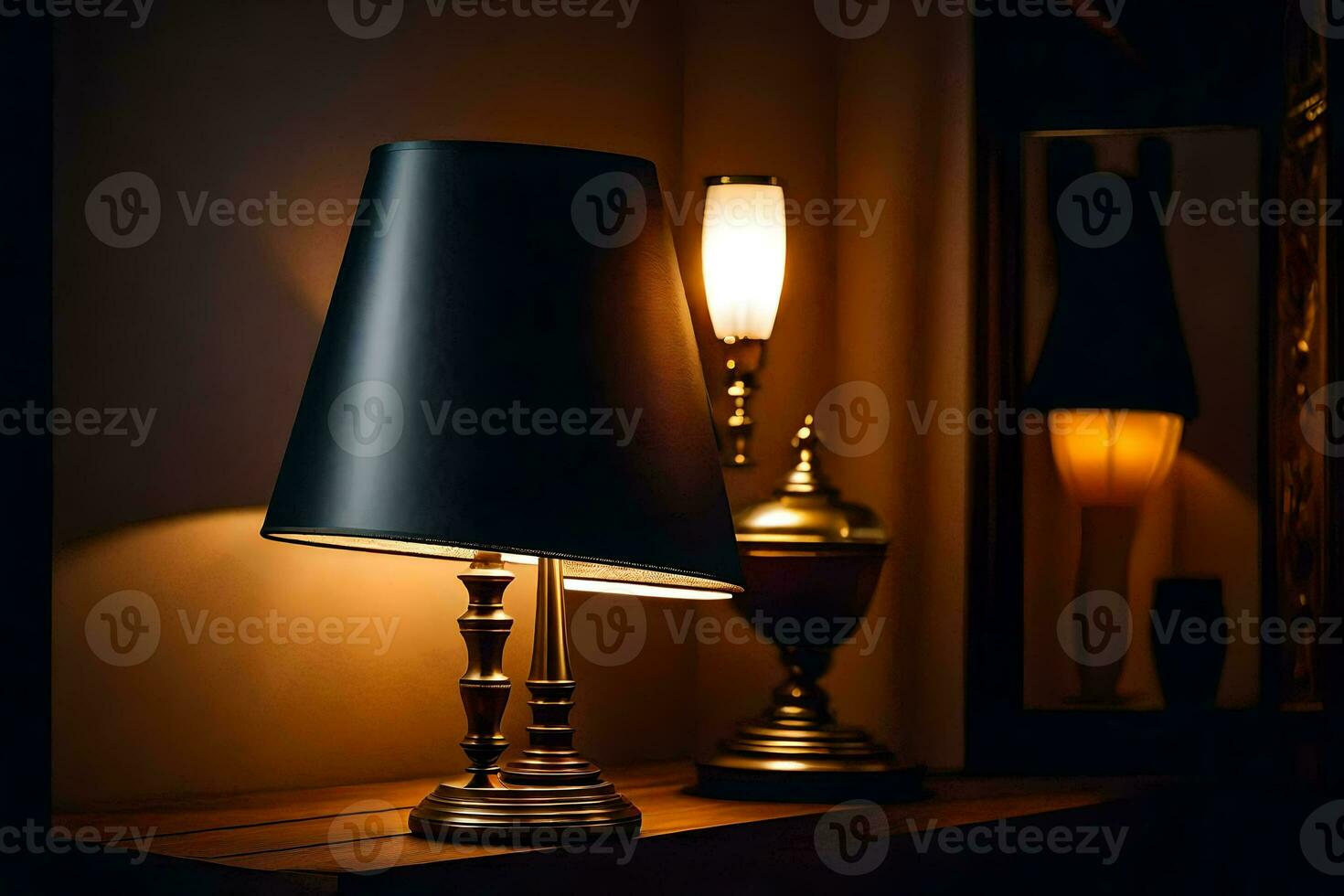 a black lamp on a table next to a mirror. AI-Generated photo